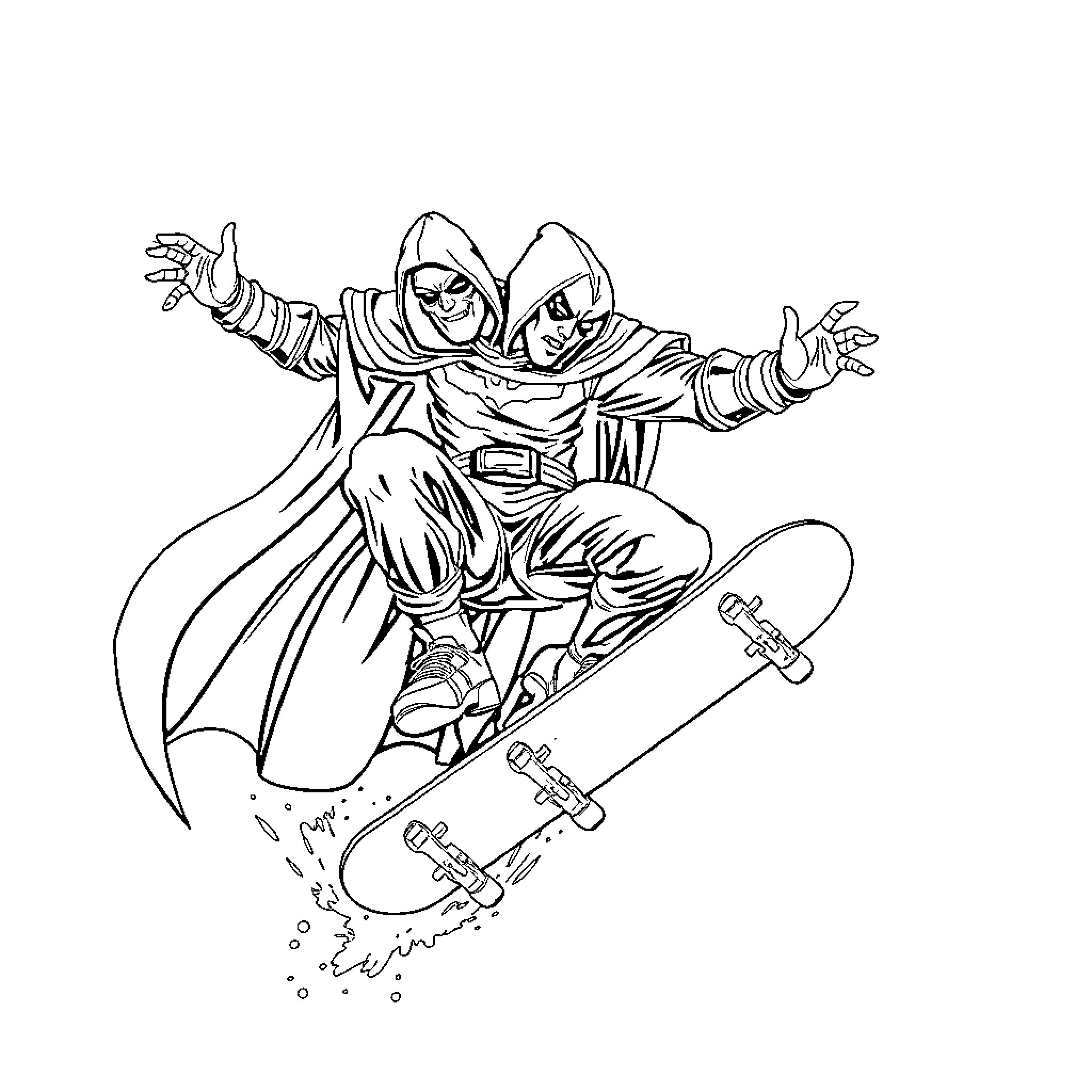 Dr. Doom in Action with Skateboard Coloring Page (free black-and-white line drawing printable PDF for all, from beginners to advanced learners, including children, teens, adults, and seniors)