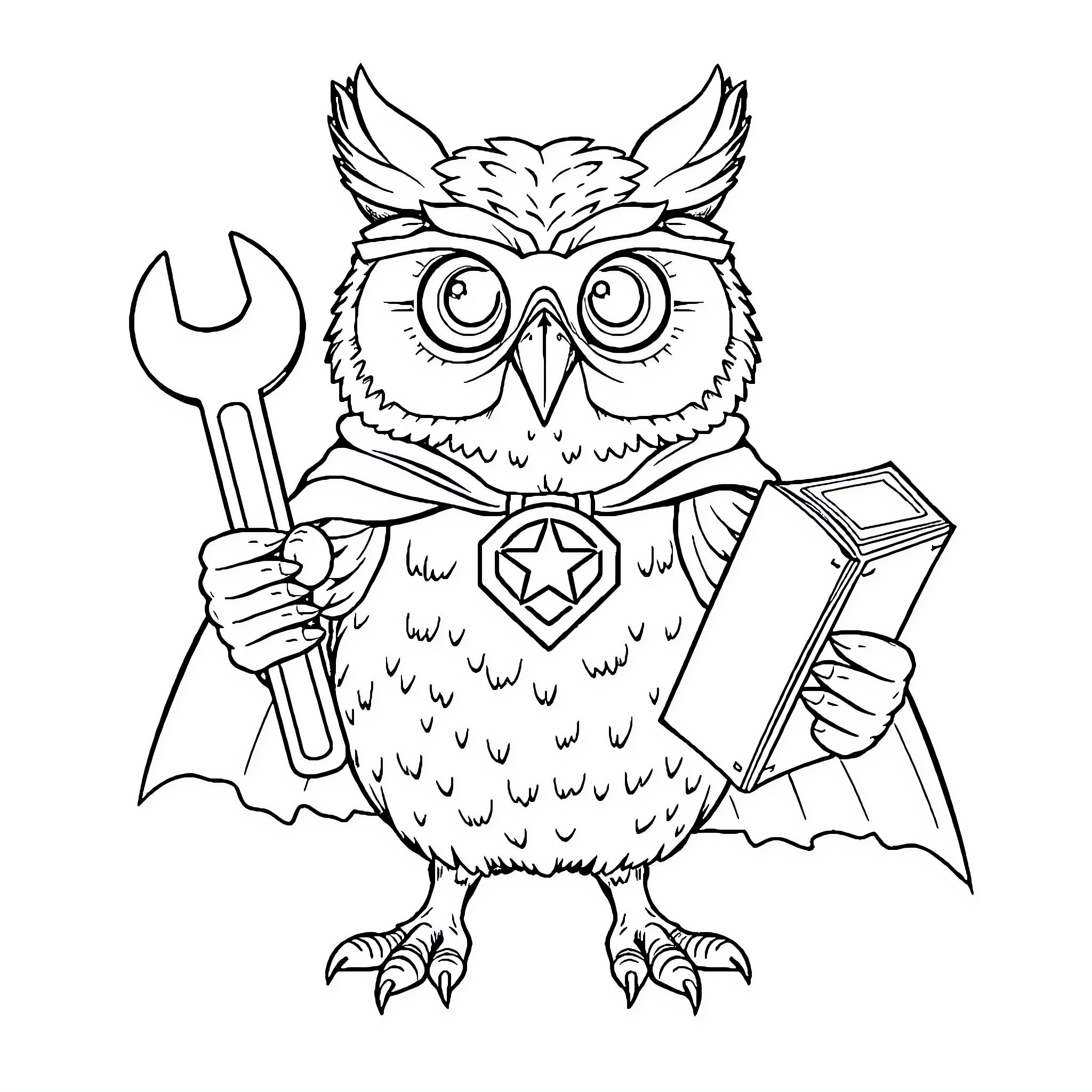 Owl mechanic with tool and book Coloring Page (free black-and-white line drawing printable PDF for all, from beginners to advanced learners, including children, teens, adults, and seniors)