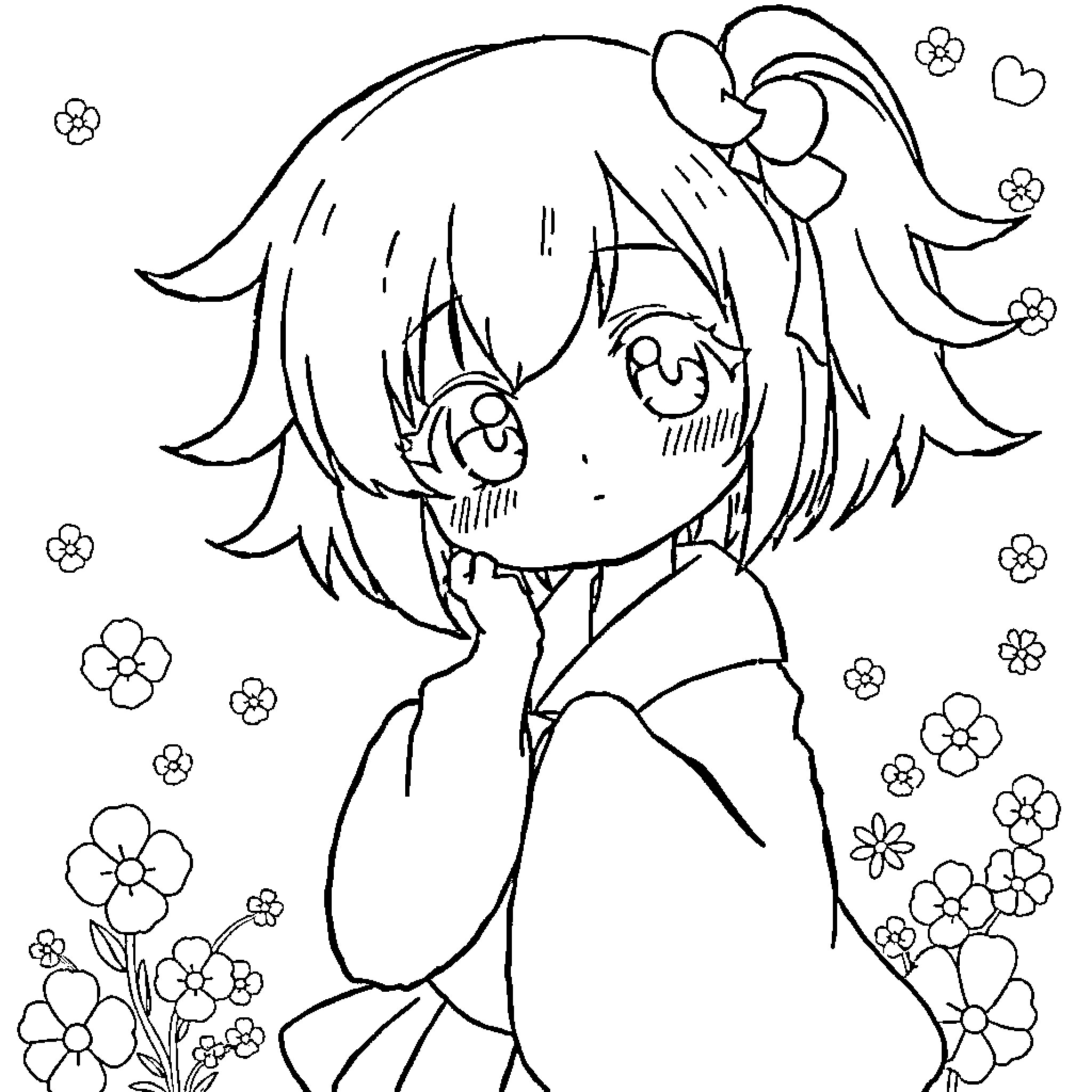 Kinako's Flowery Daydream Coloring Page (free black-and-white line drawing printable PDF for all, from beginners to advanced learners, including children, teens, adults, and seniors)
