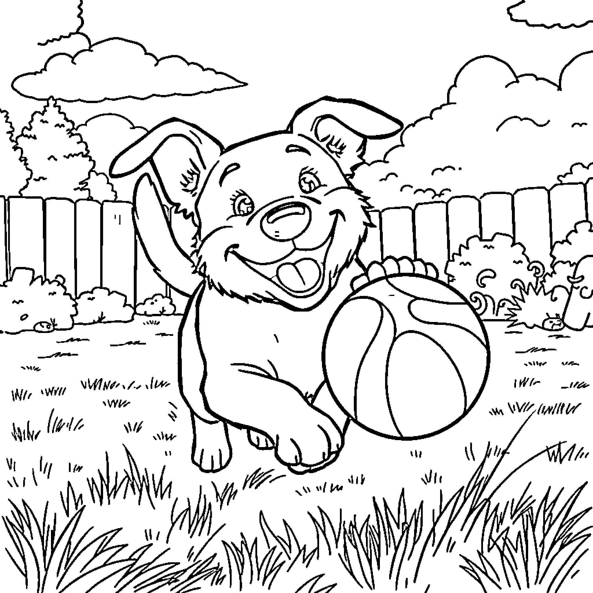 Dog playing happily with a ball in the yard Coloring Page (free black-and-white line drawing printable PDF for all, from beginners to advanced learners, including children, teens, adults, and seniors)