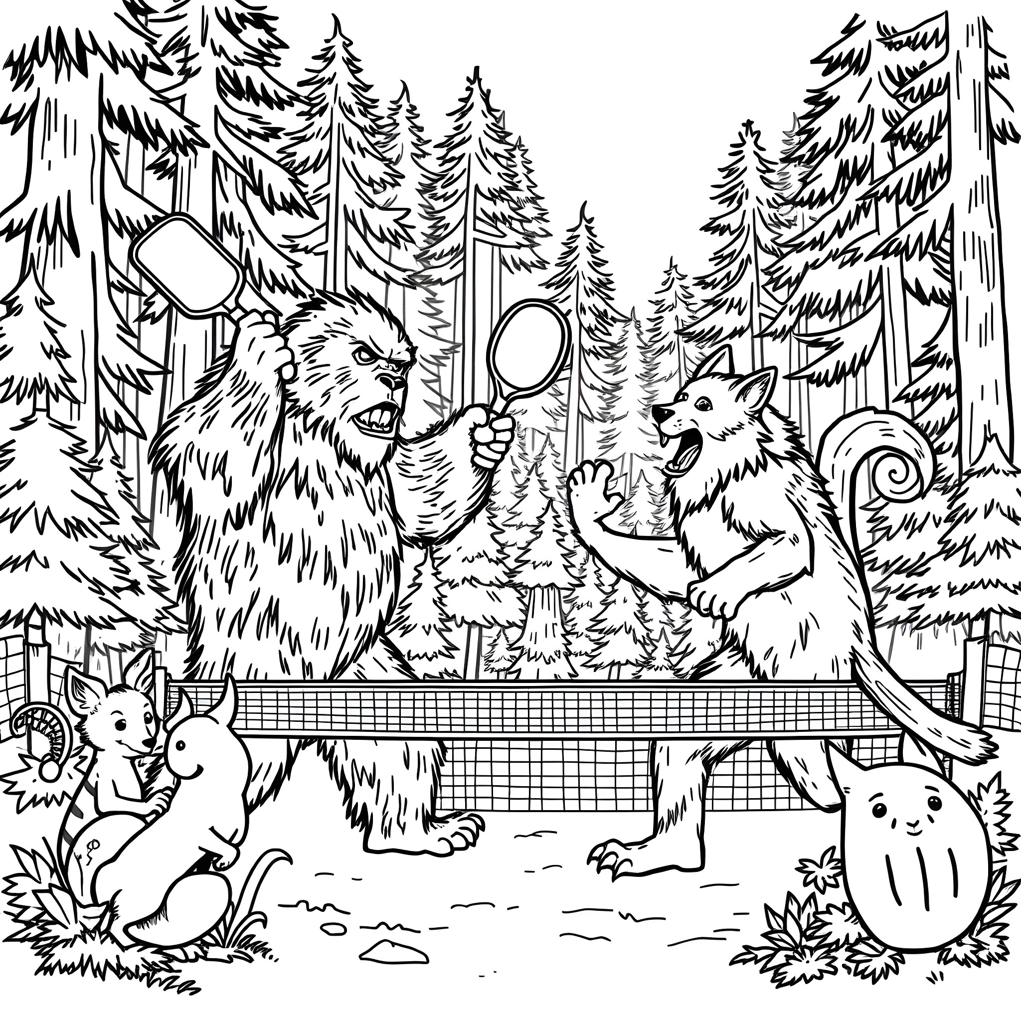 Sasquatch playing in the forest with woodland creatures Coloring Page (free black-and-white line drawing printable PDF for all, from beginners to advanced learners, including children, teens, adults, and seniors)