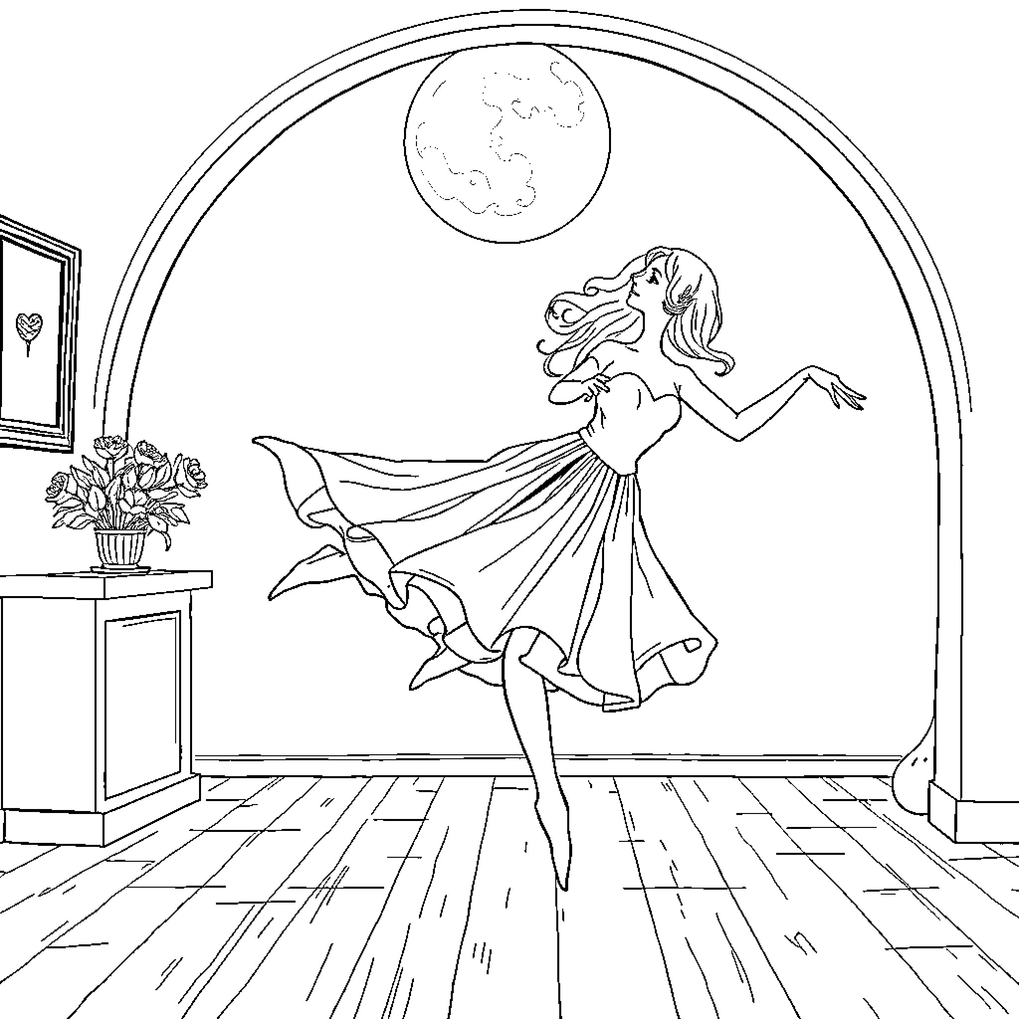 Ballerina dancing gracefully in the moonlight Coloring Page (free black-and-white line drawing printable PDF for all, from beginners to advanced learners, including children, teens, adults, and seniors)
