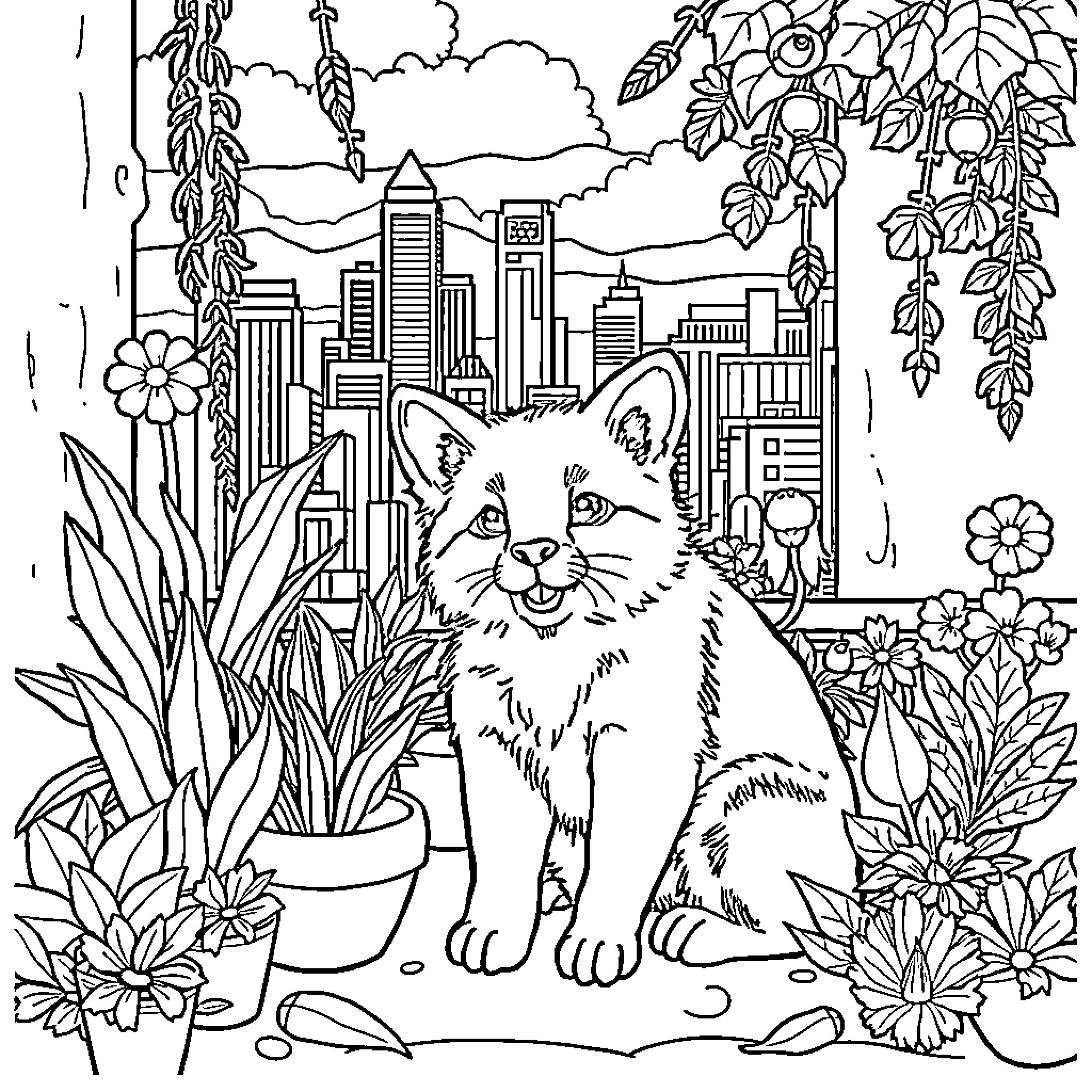 Plant adorned cat in urban garden setting Coloring Page (free black-and-white line drawing printable PDF for all, from beginners to advanced learners, including children, teens, adults, and seniors)