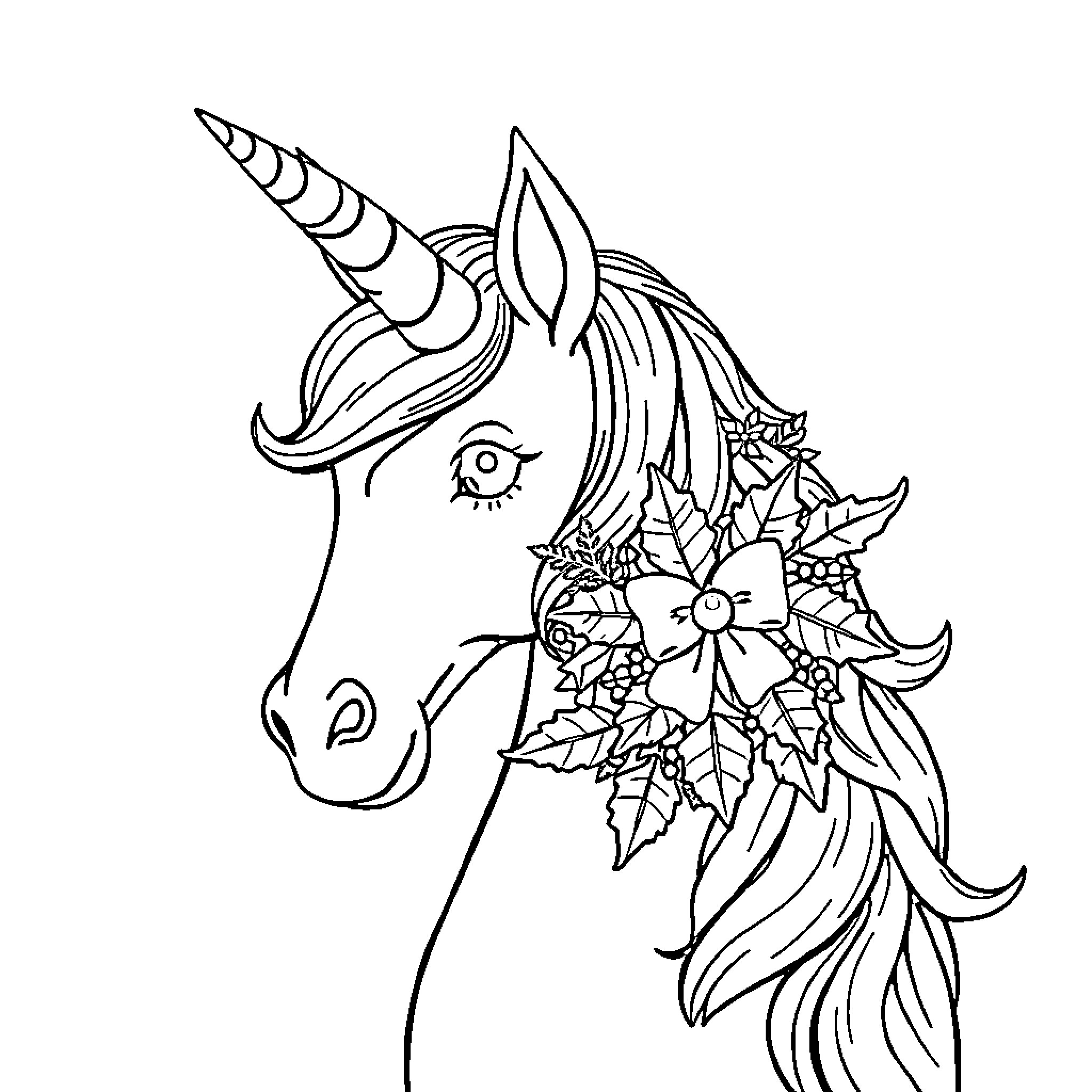 Unicorn with floral wreath expressing whimsical emotions Coloring Page (free black-and-white line drawing printable PDF for all, from beginners to advanced learners, including children, teens, adults, and seniors)