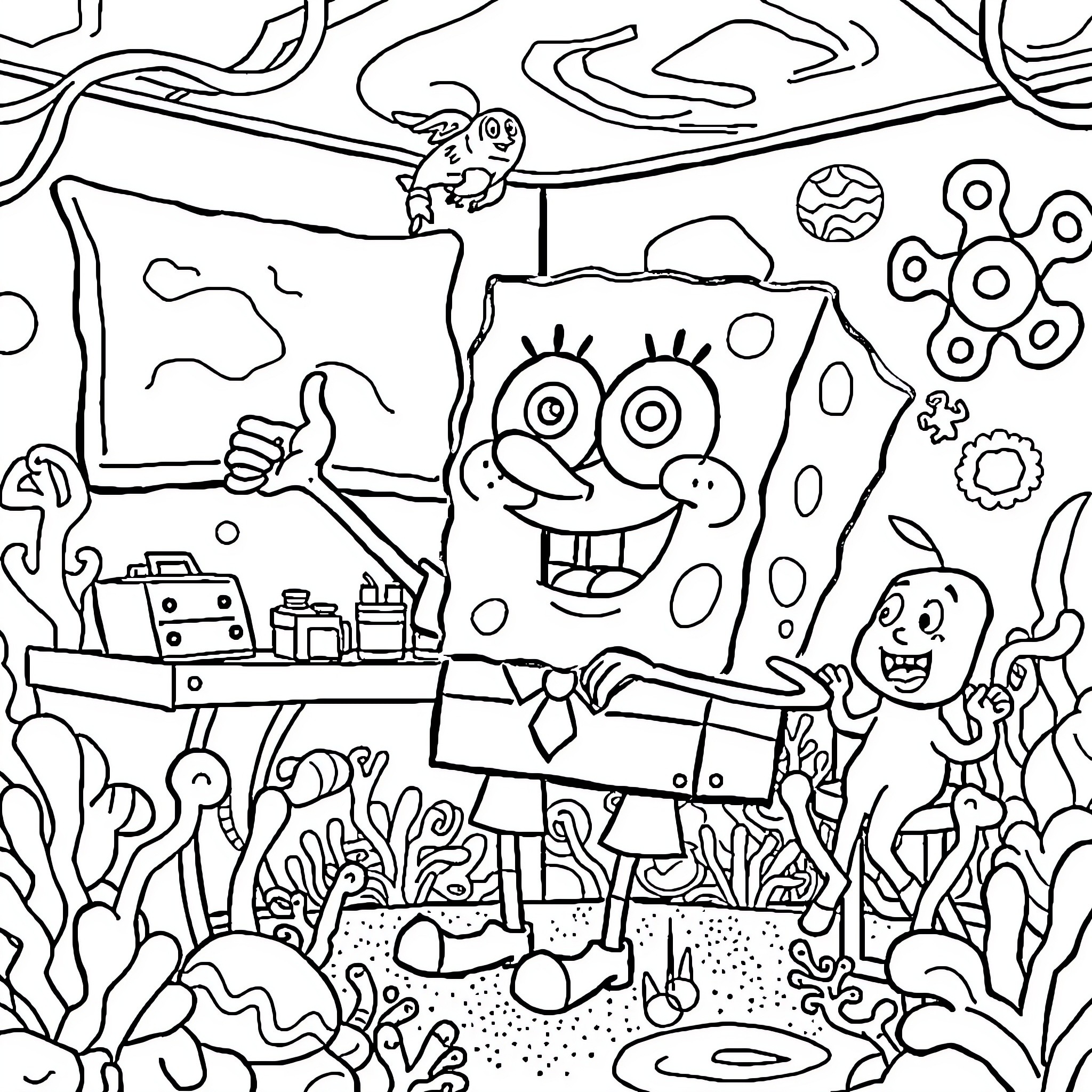 Spongebob and friends in a whimsical underwater scene Coloring Page (free black-and-white line drawing printable PDF for all, from beginners to advanced learners, including children, teens, adults, and seniors)