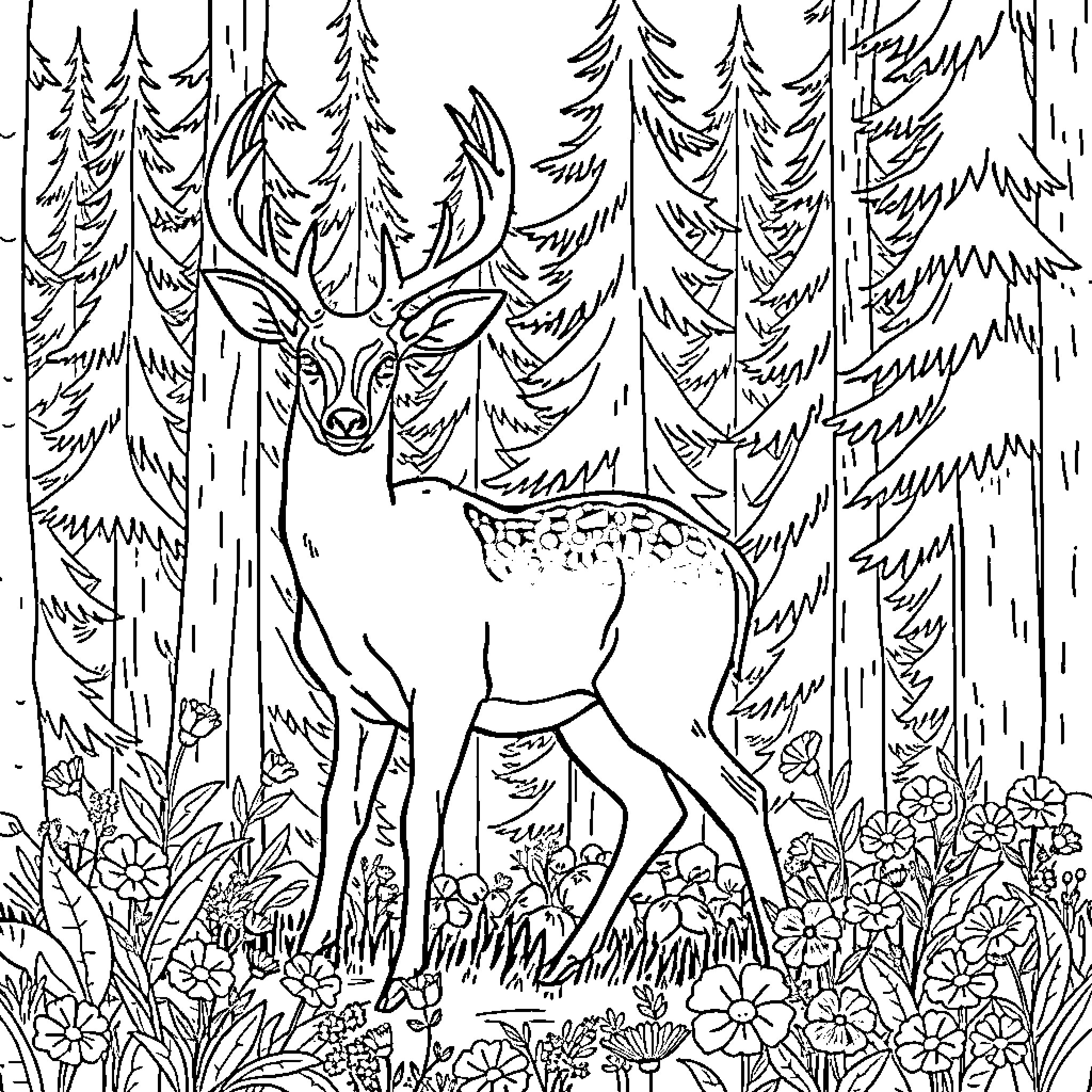 Muntjak Deer standing in a forest Coloring Page (free black-and-white line drawing printable PDF for all, from beginners to advanced learners, including children, teens, adults, and seniors)