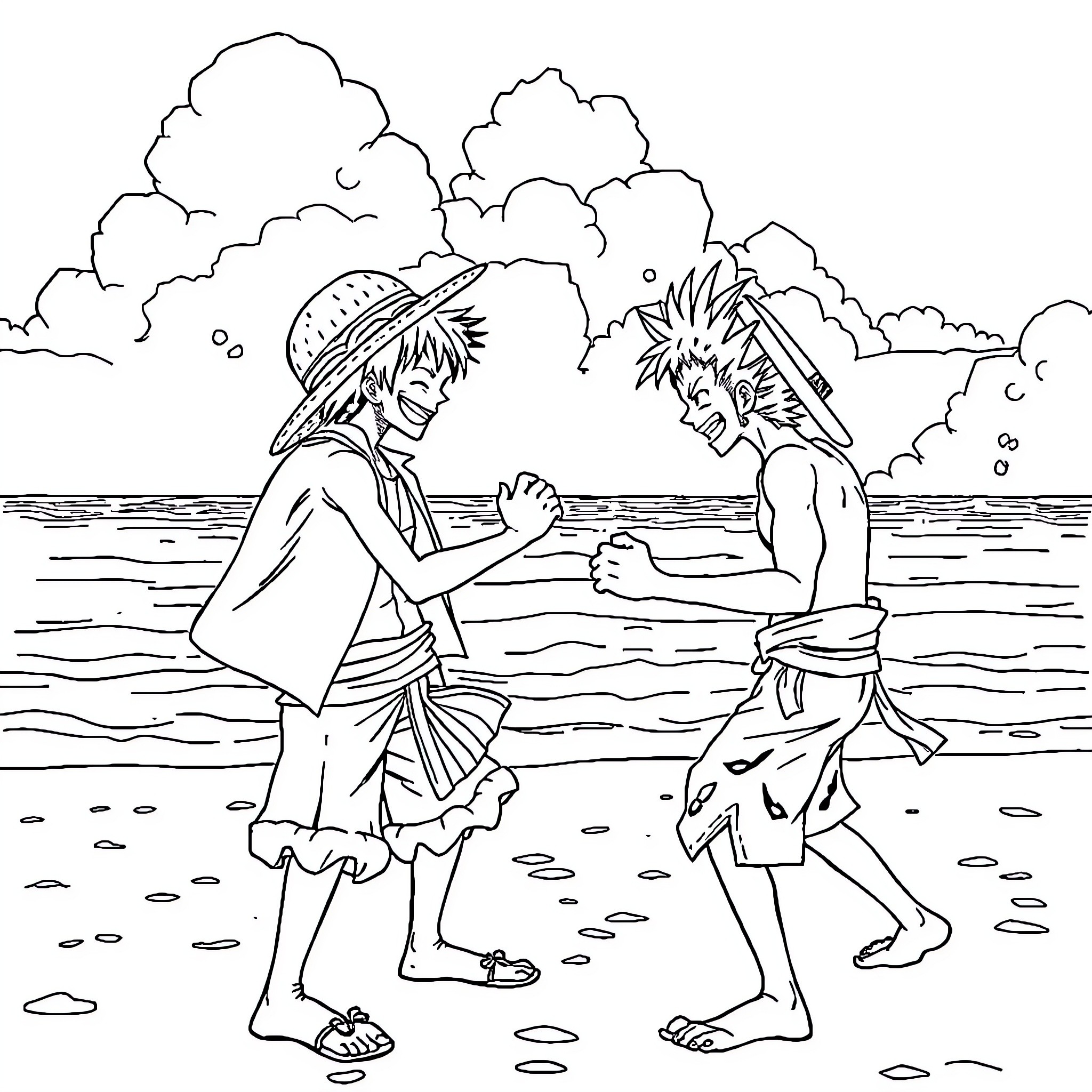 Luffy and Ace playing joyfully on the beach Coloring Page (free black-and-white line drawing printable PDF for all, from beginners to advanced learners, including children, teens, adults, and seniors)