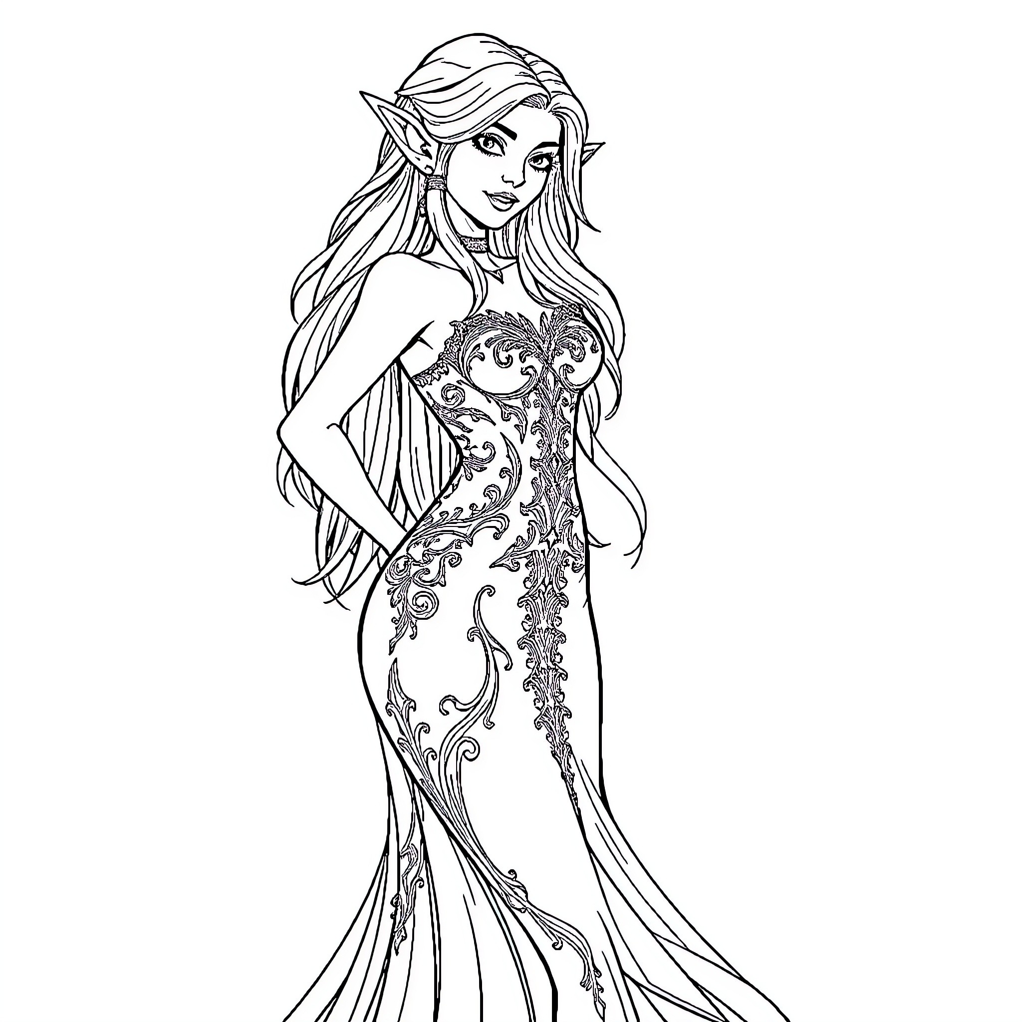 Elf wearing elegant floral dress posing gracefully Coloring Page (free black-and-white line drawing printable PDF for all, from beginners to advanced learners, including children, teens, adults, and seniors)