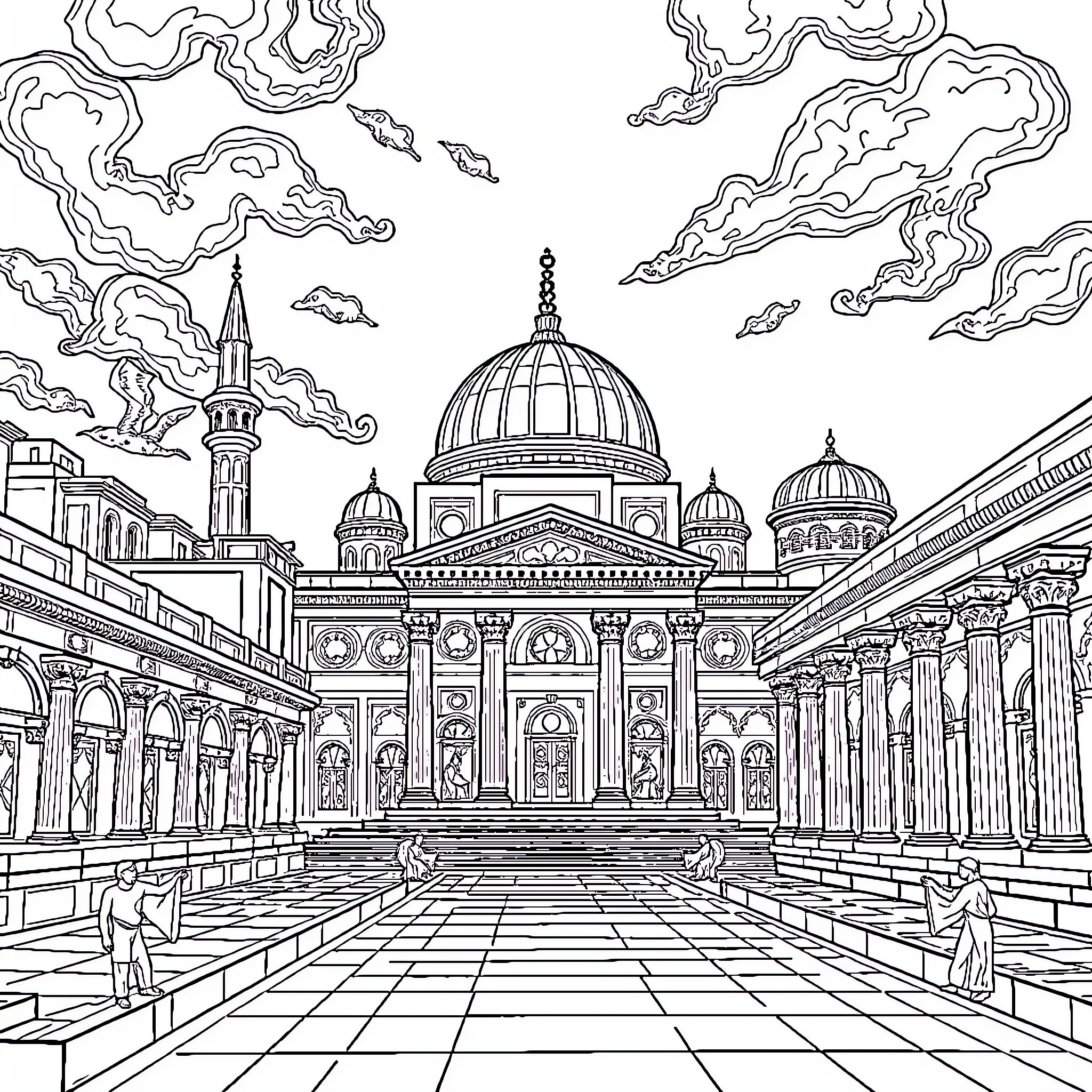 Justinian's Magnificent Imperial Palace Courtyard Coloring Page (free black-and-white line drawing printable PDF for all, from beginners to advanced learners, including children, teens, adults, and seniors)