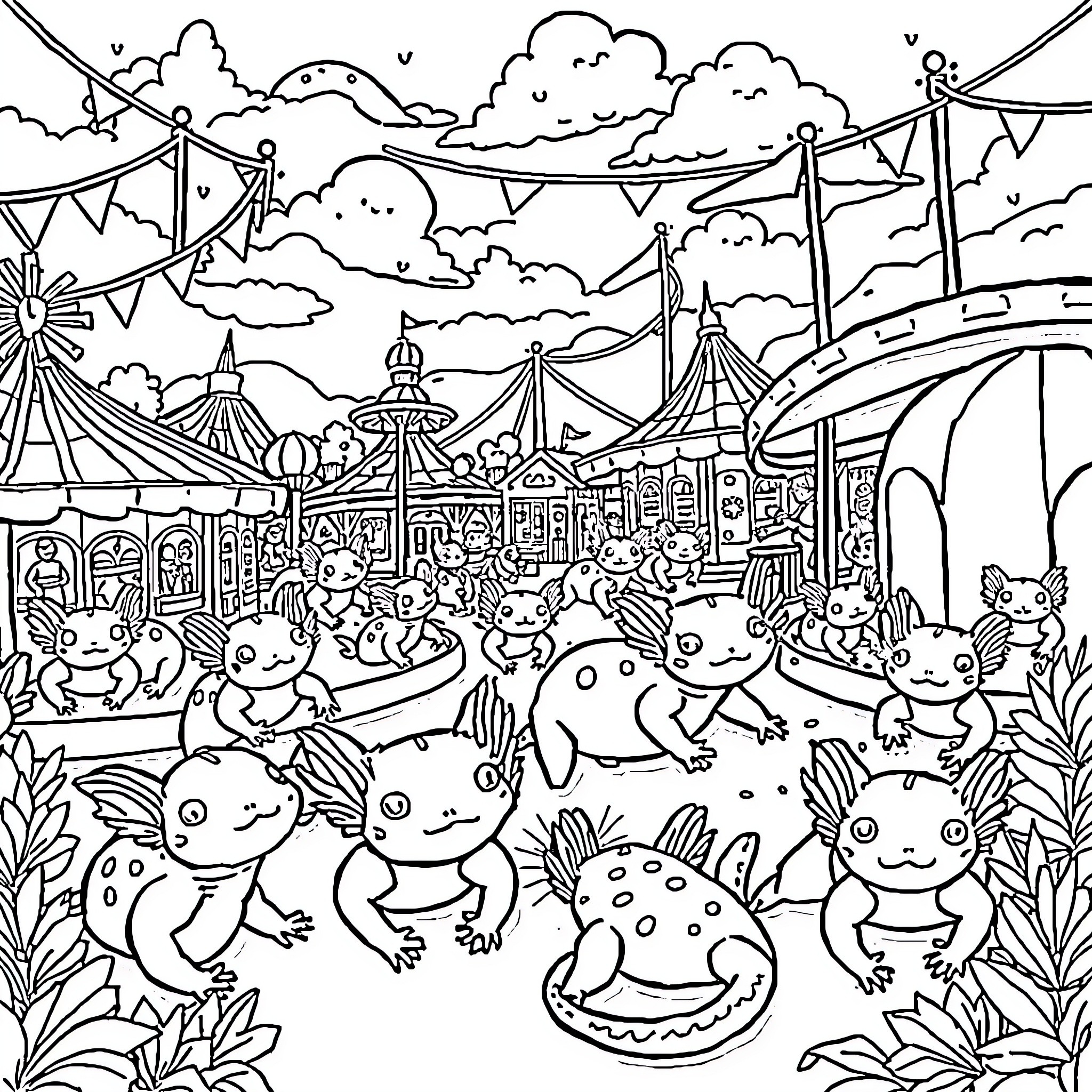 Axolotl carnival gathering in a whimsical setting Coloring Page (free black-and-white line drawing printable PDF for all, from beginners to advanced learners, including children, teens, adults, and seniors)