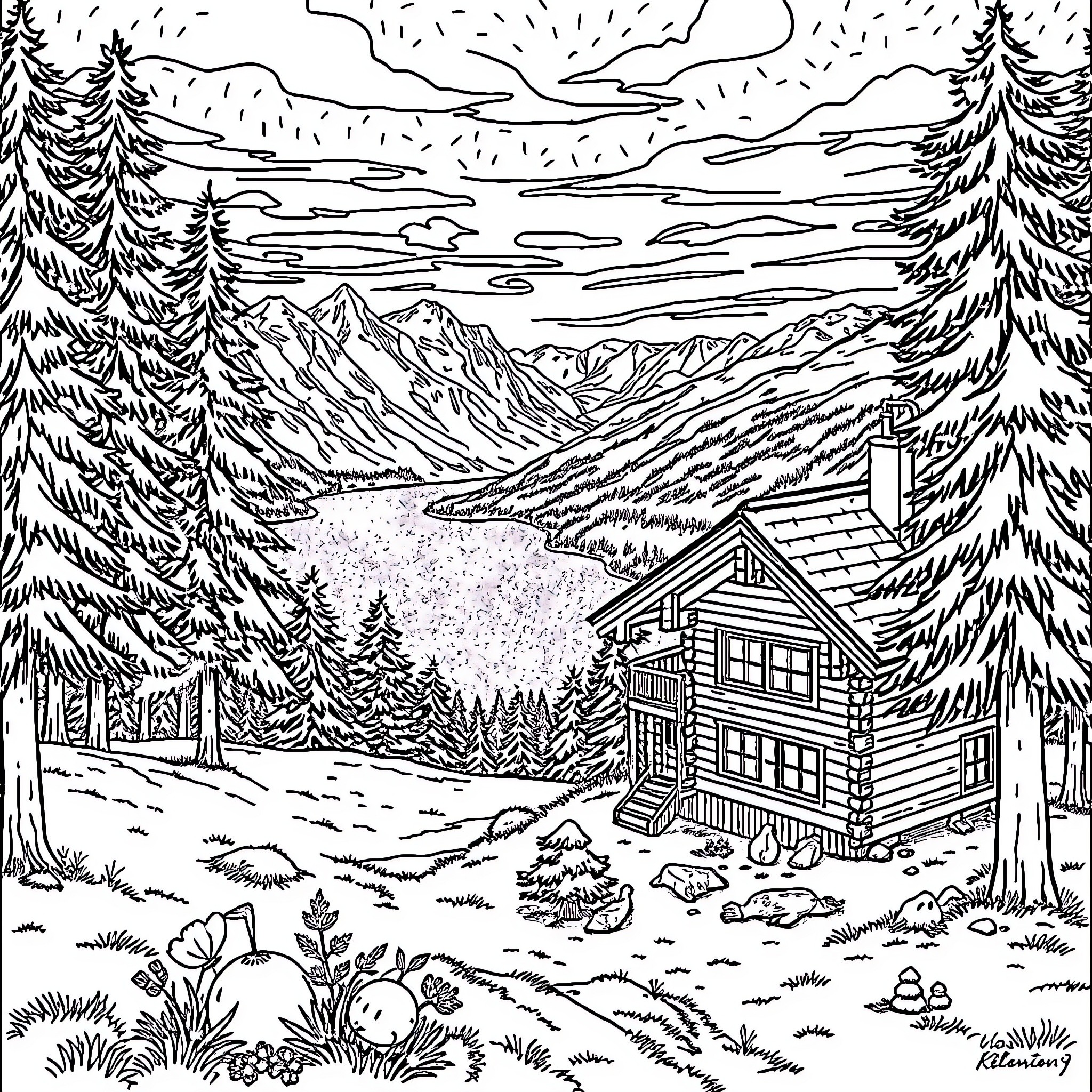 Mountain Landscape with Rustic Cabin and Pine Trees Coloring Page (free black-and-white line drawing printable PDF for all, from beginners to advanced learners, including children, teens, adults, and seniors)