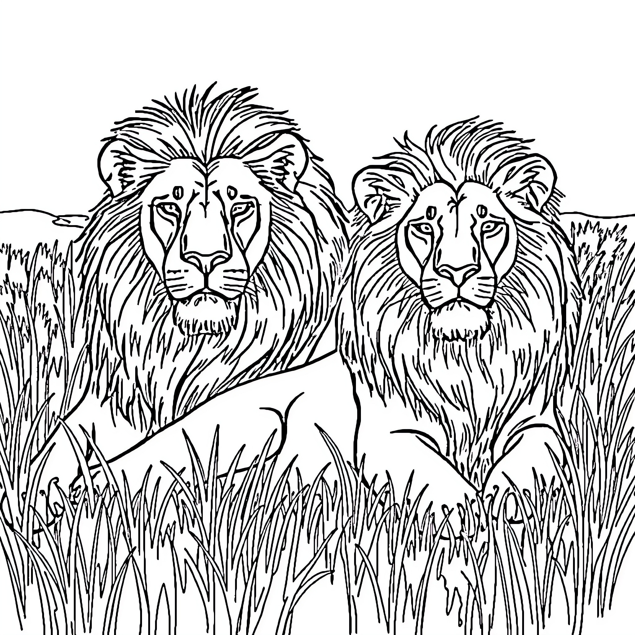 Lion duo prowling through the tall grass Coloring Page (free black-and-white line drawing printable PDF for all, from beginners to advanced learners, including children, teens, adults, and seniors)