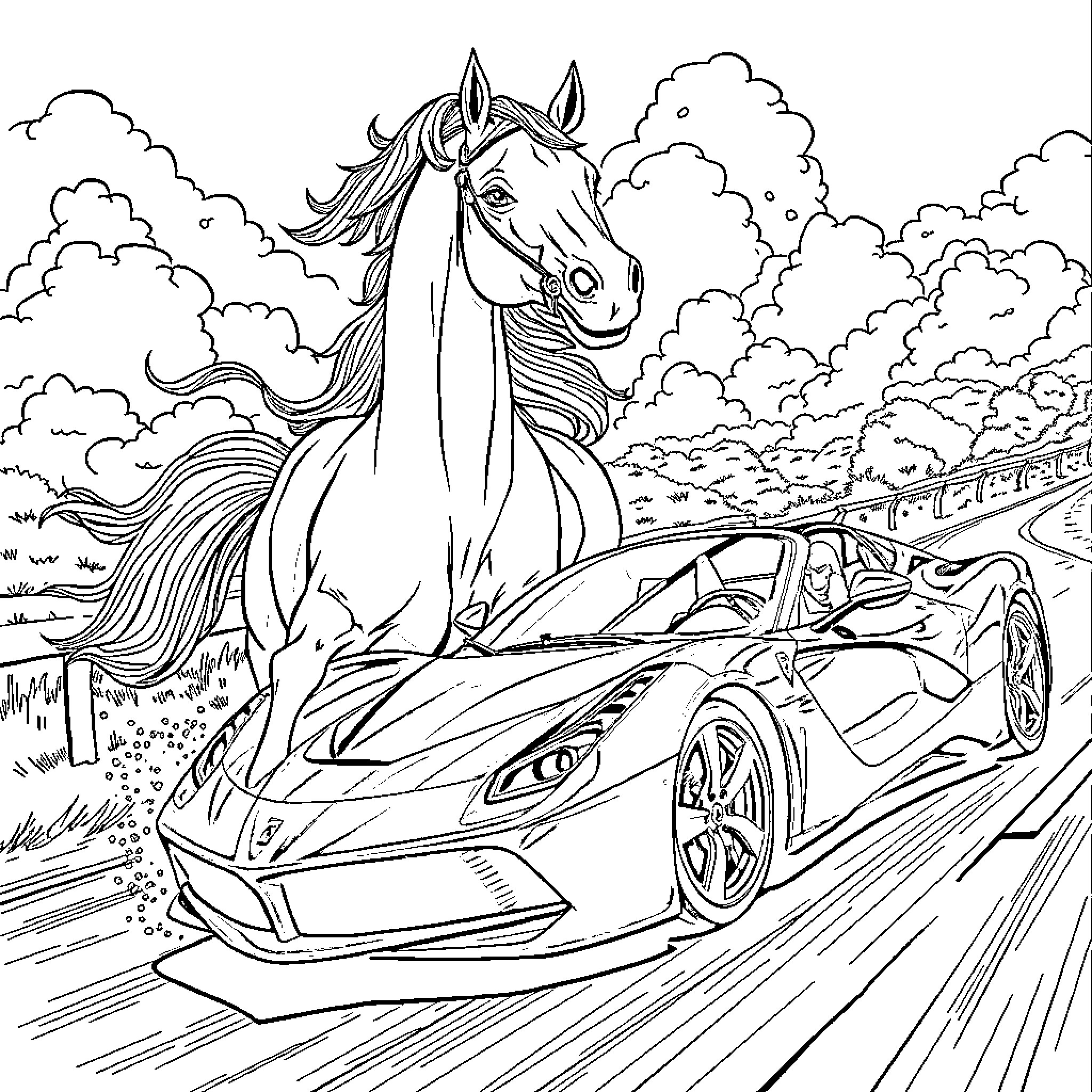 Horse racing alongside a sports car on the open road Coloring Page (free black-and-white line drawing printable PDF for all, from beginners to advanced learners, including children, teens, adults, and seniors)