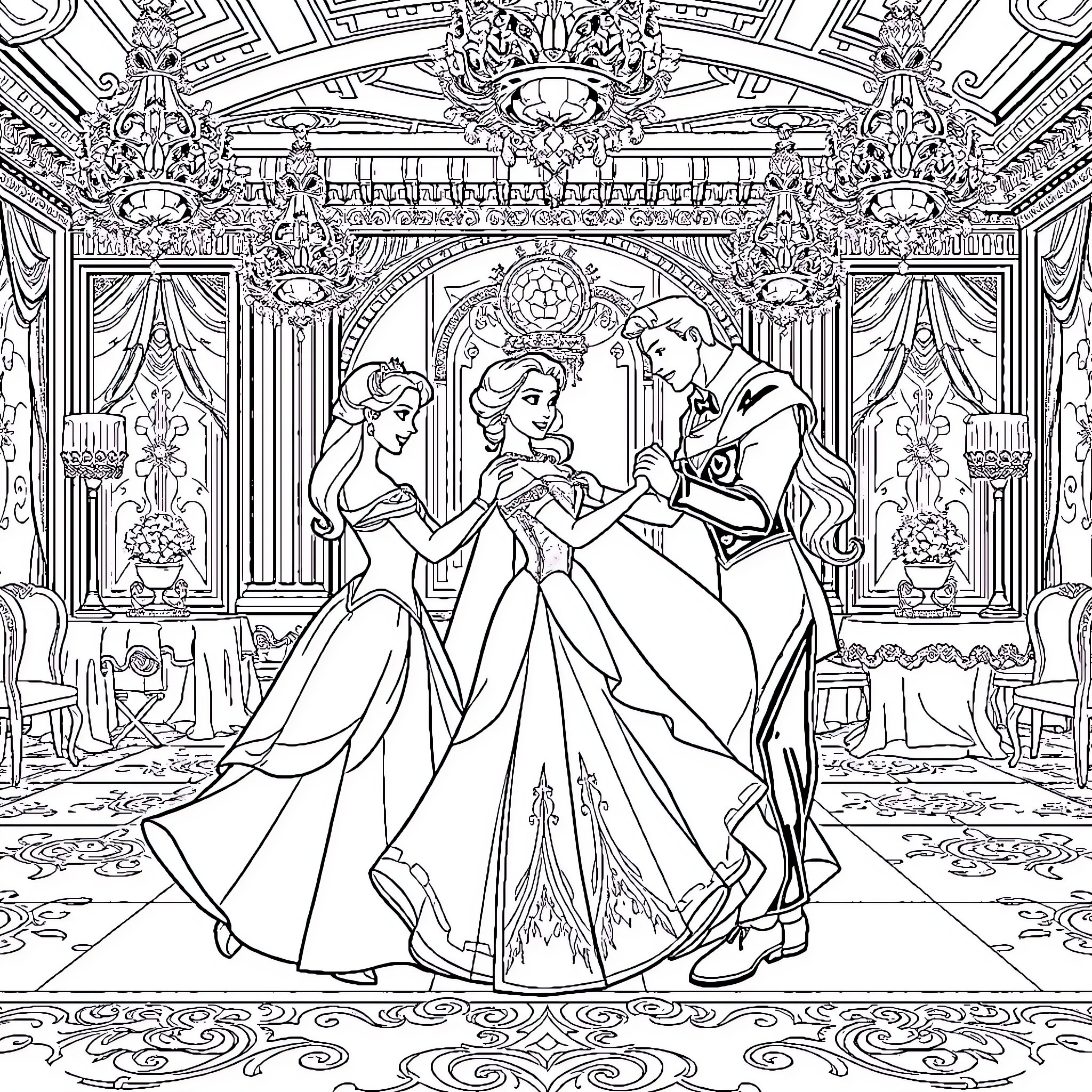 Princess enjoying a royal ball with prince and princess Coloring Page (free black-and-white line drawing printable PDF for all, from beginners to advanced learners, including children, teens, adults, and seniors)