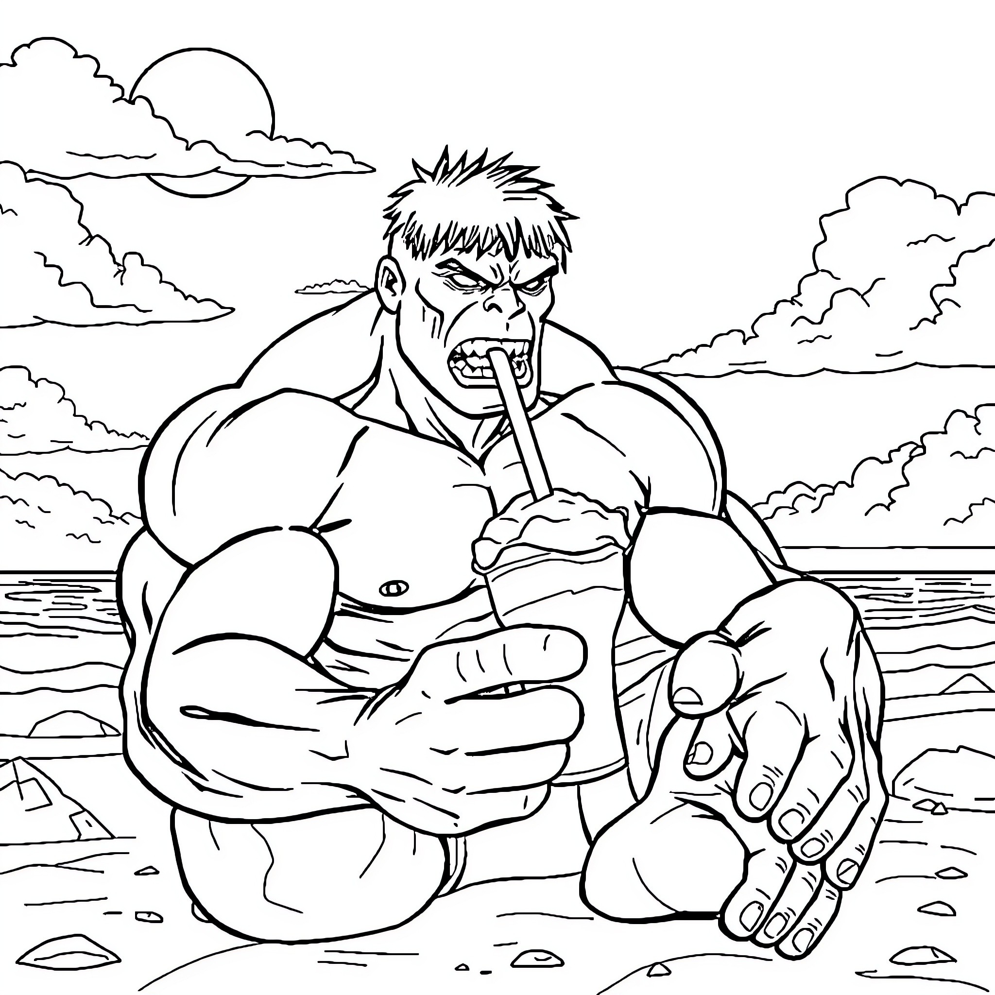 Hulk brooding angrily on a rocky shore Coloring Page (free black-and-white line drawing printable PDF for all, from beginners to advanced learners, including children, teens, adults, and seniors)