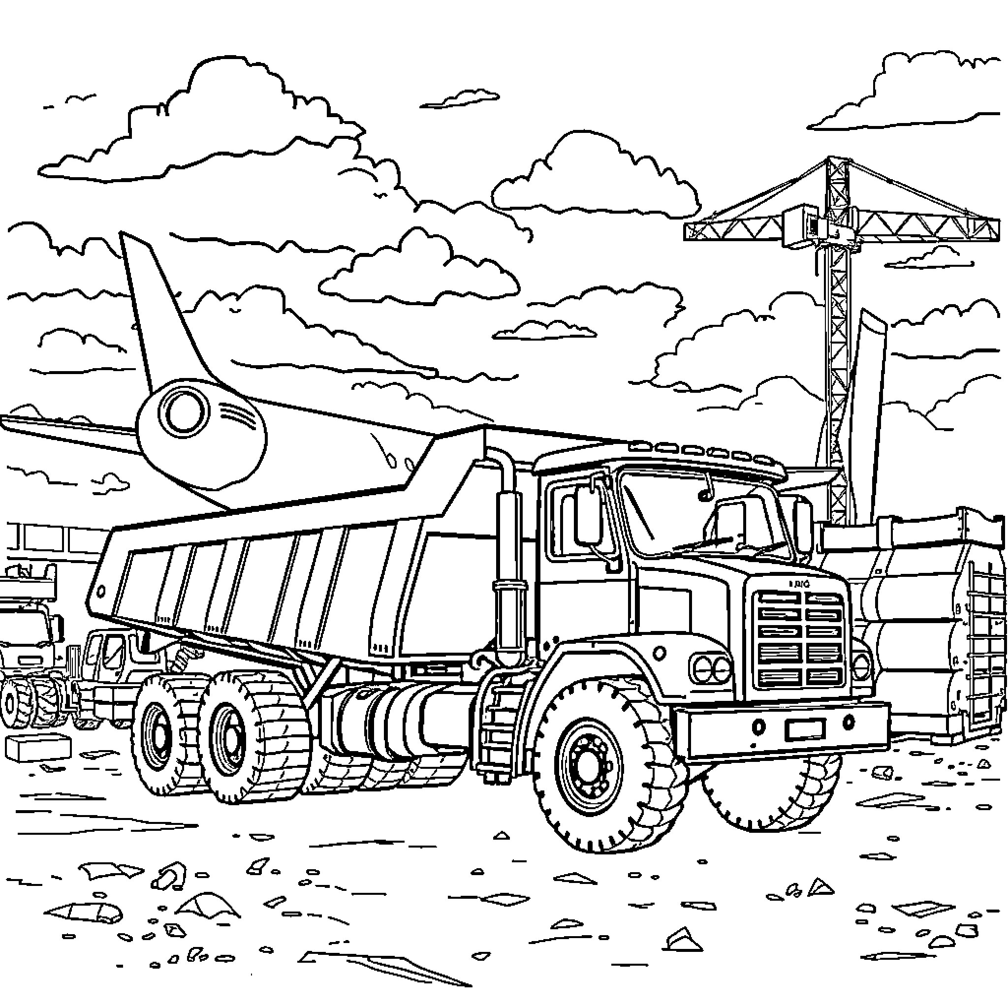 Dumptruck hauling construction materials on-site Coloring Page (free black-and-white line drawing printable PDF for all, from beginners to advanced learners, including children, teens, adults, and seniors)