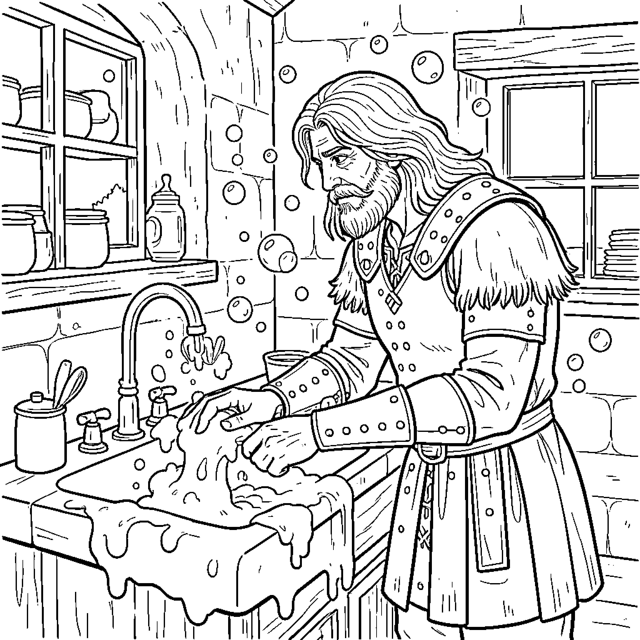 Braveheart warrior cleaning his armor in a snowy cabin Coloring Page (free black-and-white line drawing printable PDF for all, from beginners to advanced learners, including children, teens, adults, and seniors)