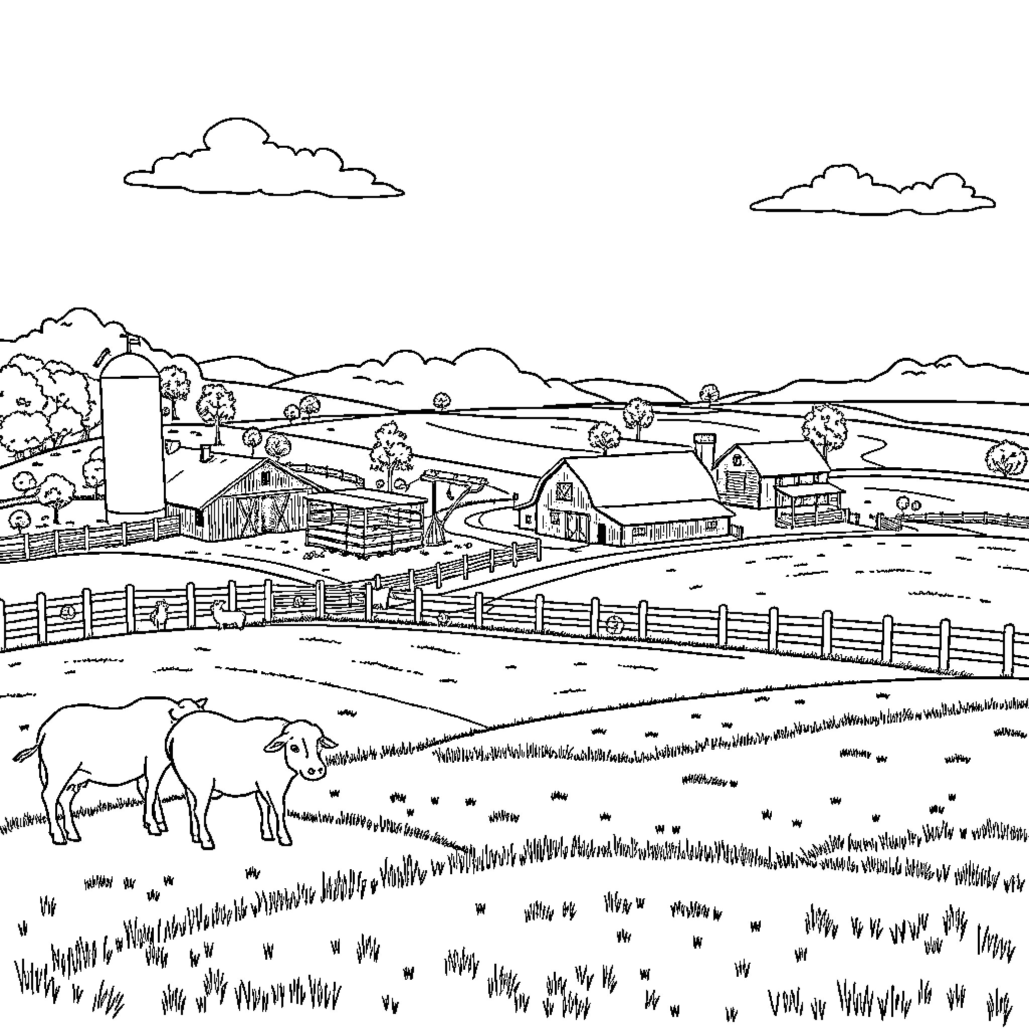 Farm Scene with Livestock and Barns Coloring Page (free black-and-white line drawing printable PDF for all, from beginners to advanced learners, including children, teens, adults, and seniors)