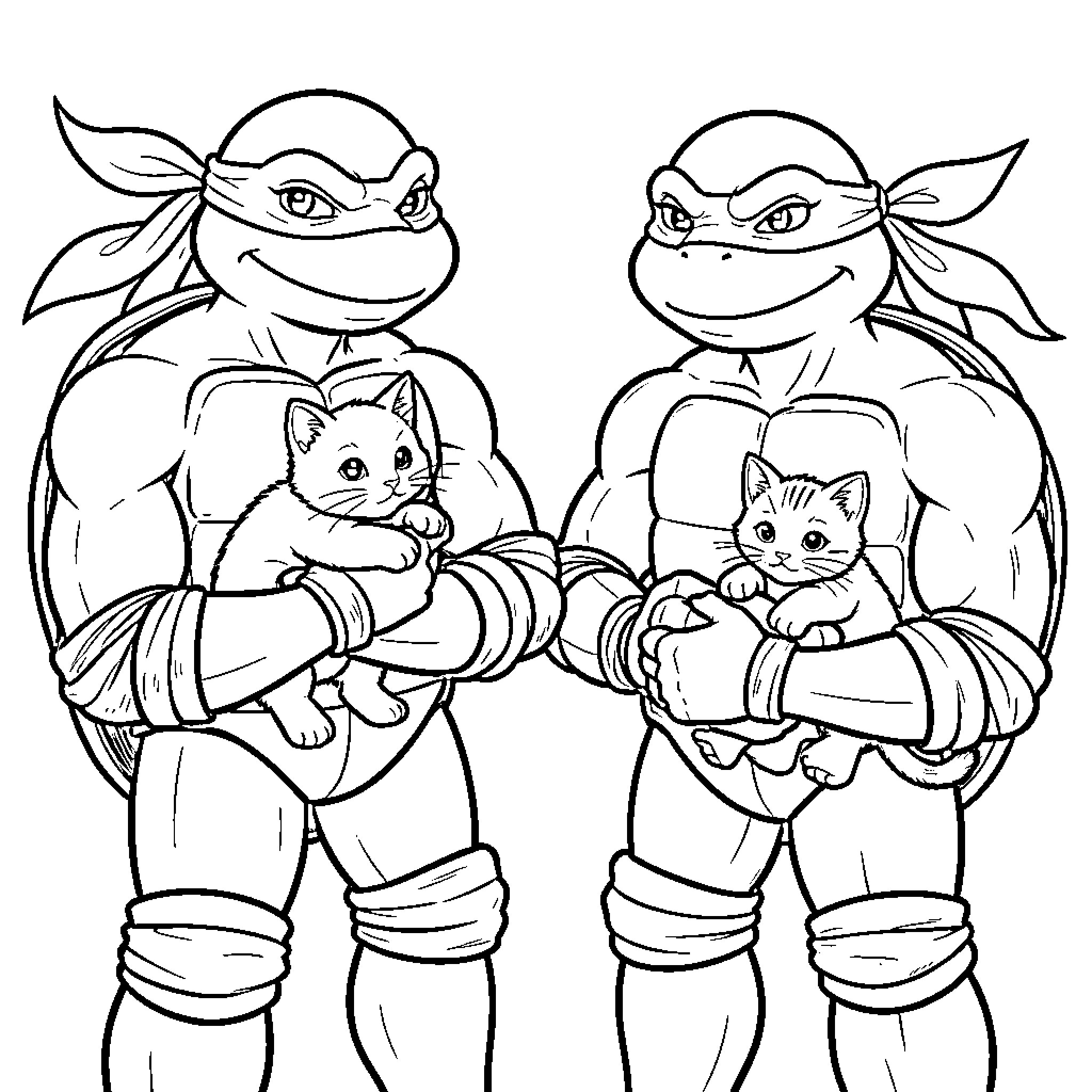 Ninja Turtles caring for cute kittens Coloring Page (free black-and-white line drawing printable PDF for all, from beginners to advanced learners, including children, teens, adults, and seniors)