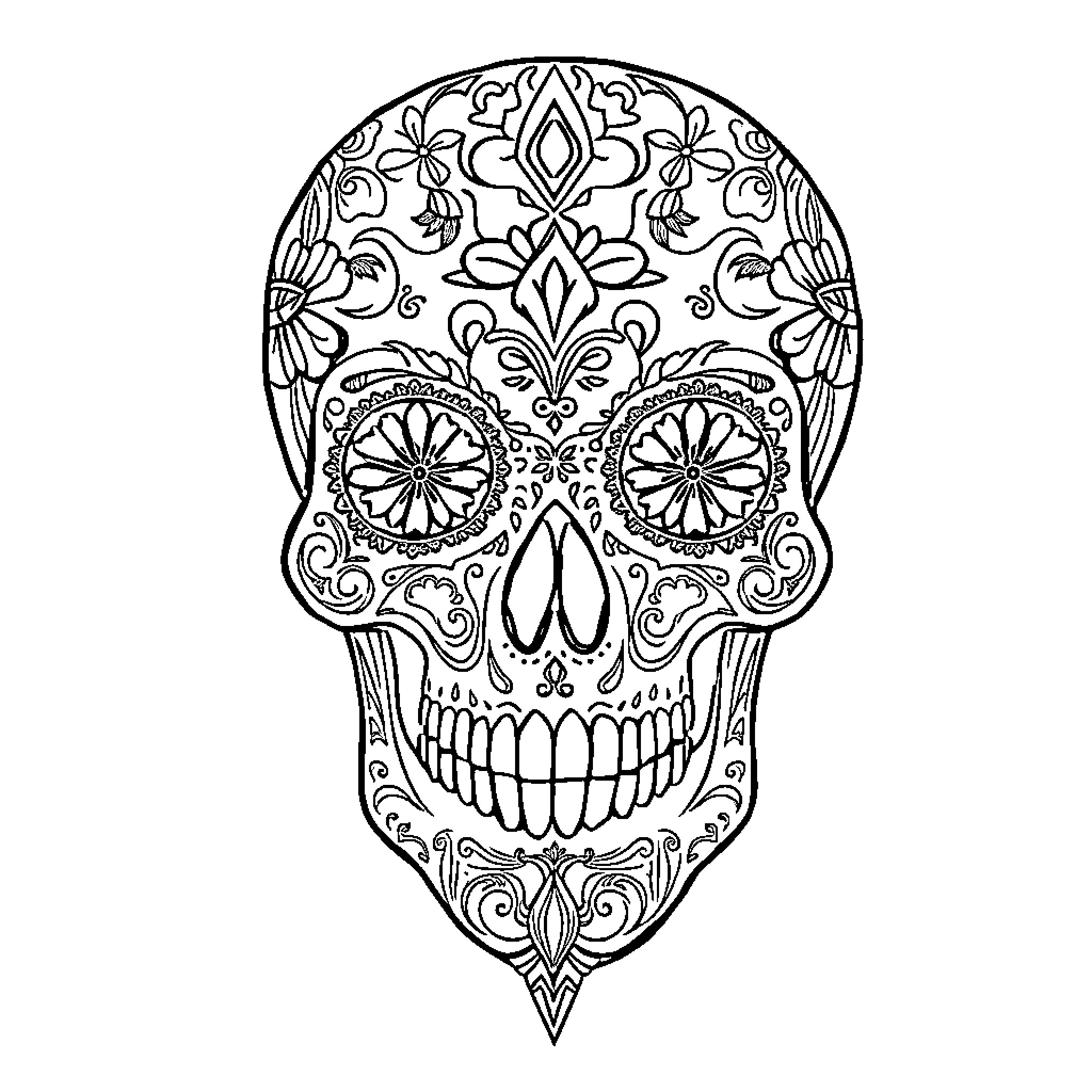 Skull with intricate floral patterns Coloring Page (free black-and-white line drawing printable PDF for all, from beginners to advanced learners, including children, teens, adults, and seniors)
