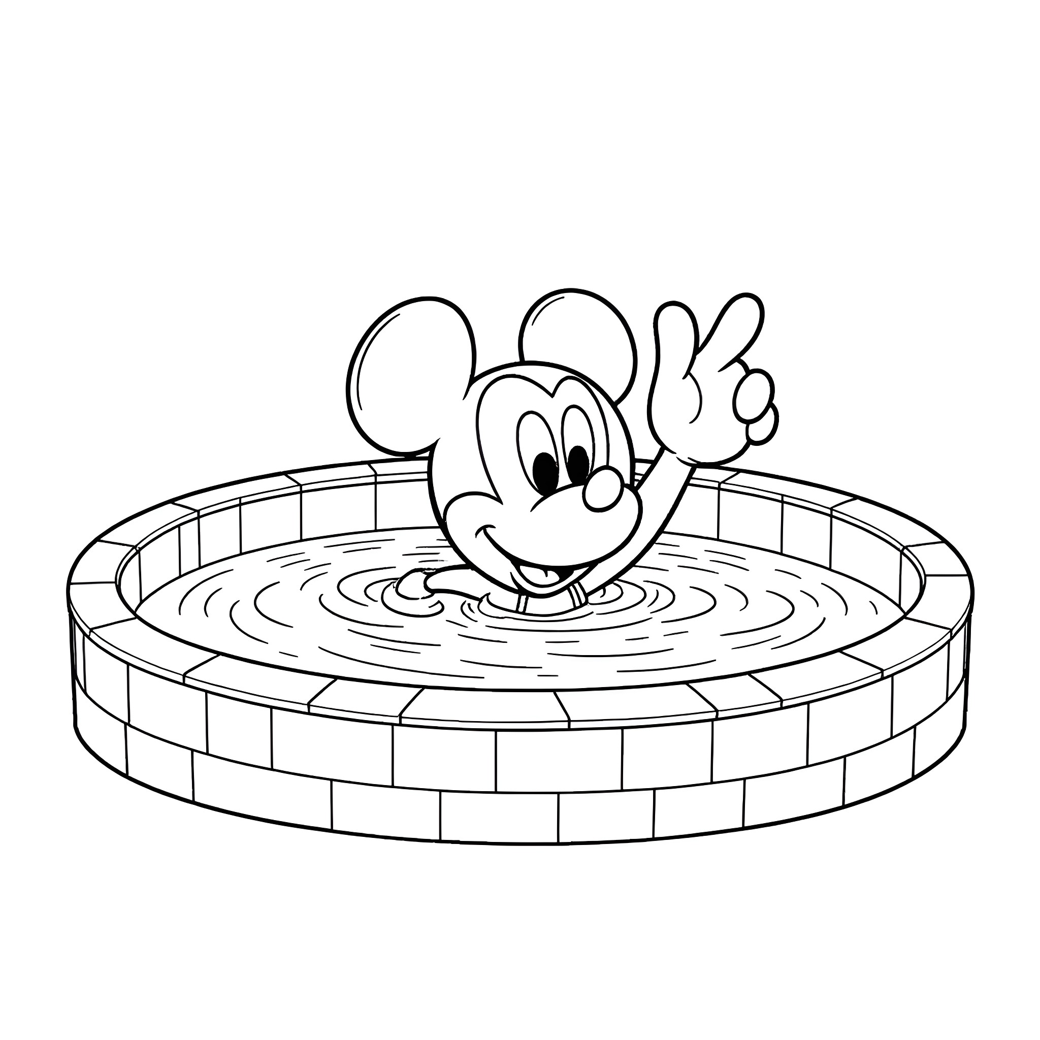 Mickey Mouse splashing in a pool Coloring Page (free black-and-white line drawing printable PDF for all, from beginners to advanced learners, including children, teens, adults, and seniors)