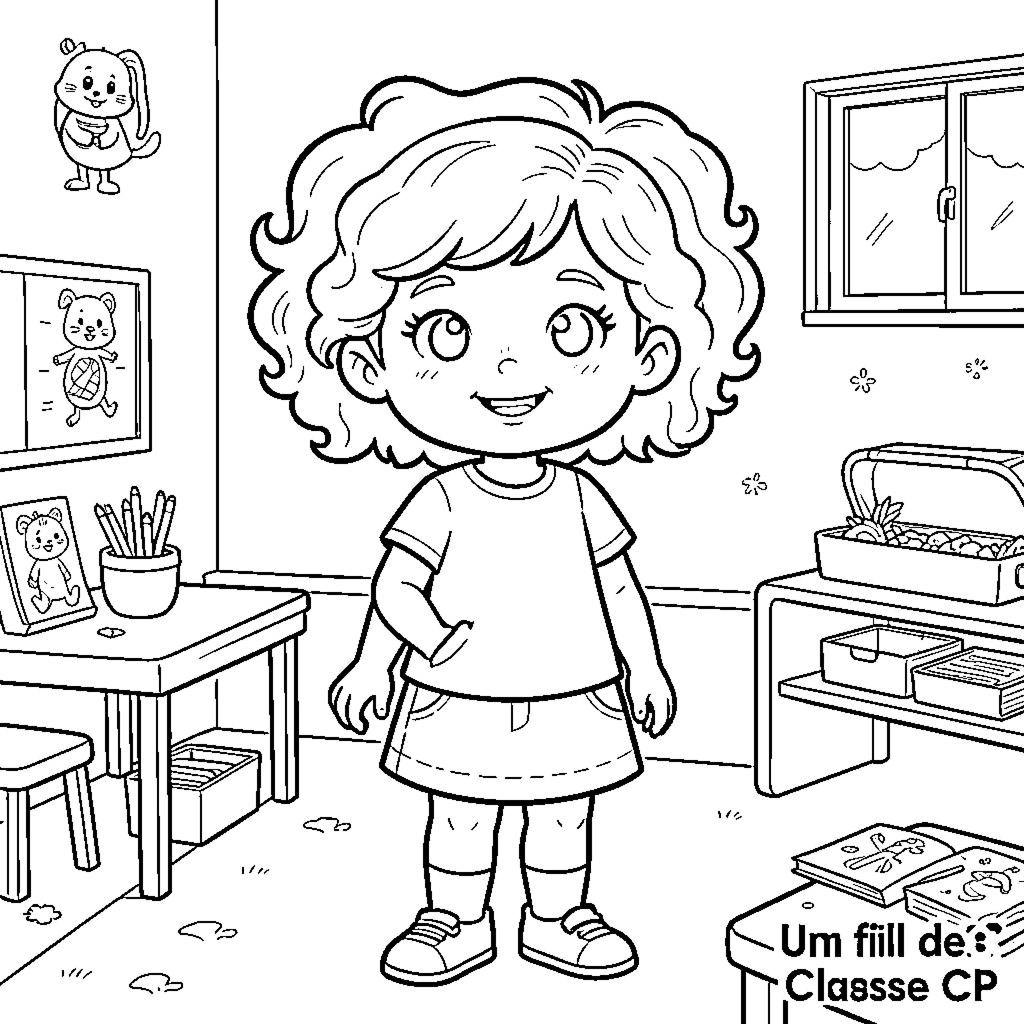 Fillette smiling in a classroom setting Coloring Page (free black-and-white line drawing printable PDF for all, from beginners to advanced learners, including children, teens, adults, and seniors)