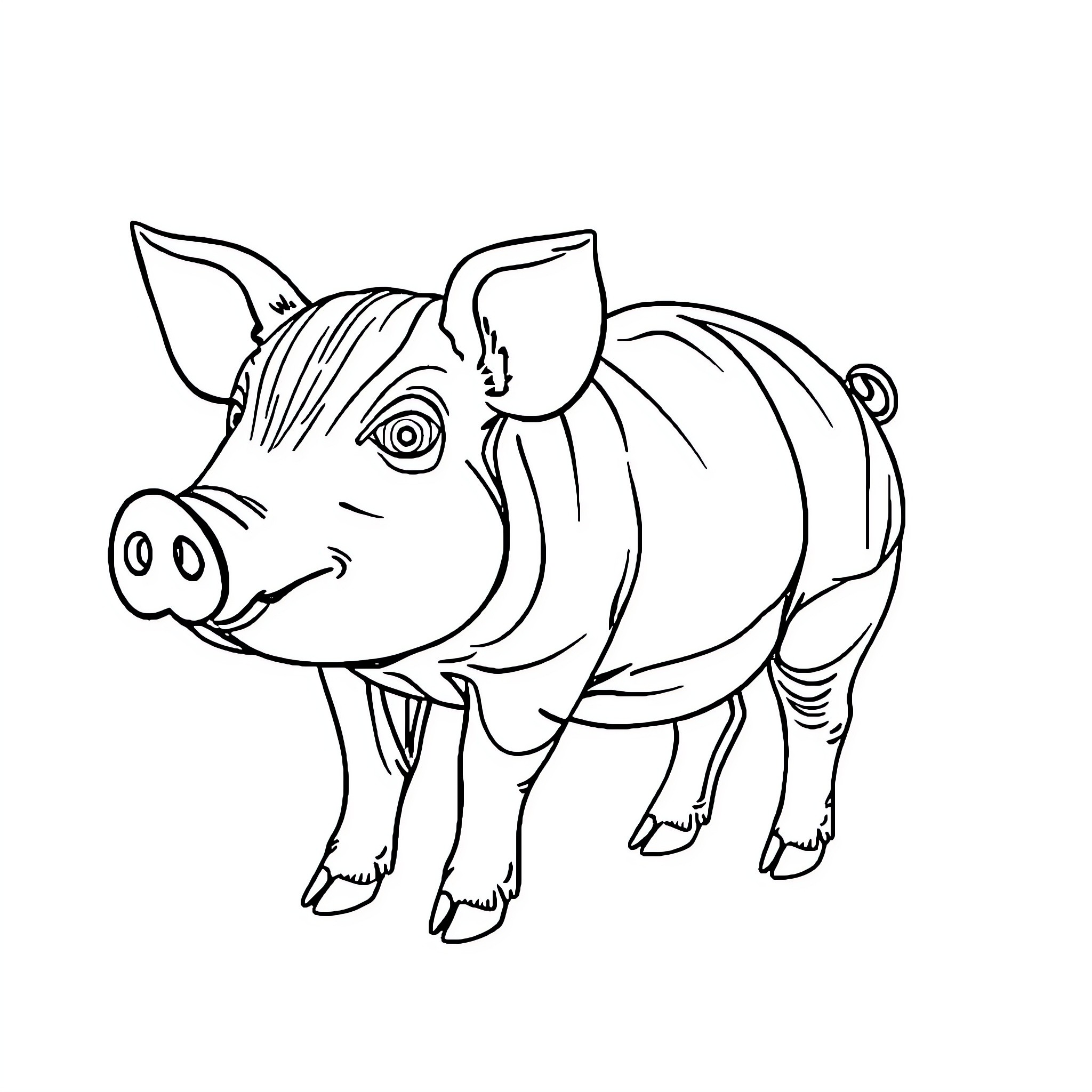 Pig with a cheerful expression Coloring Page (free black-and-white line drawing printable PDF for all, from beginners to advanced learners, including children, teens, adults, and seniors)