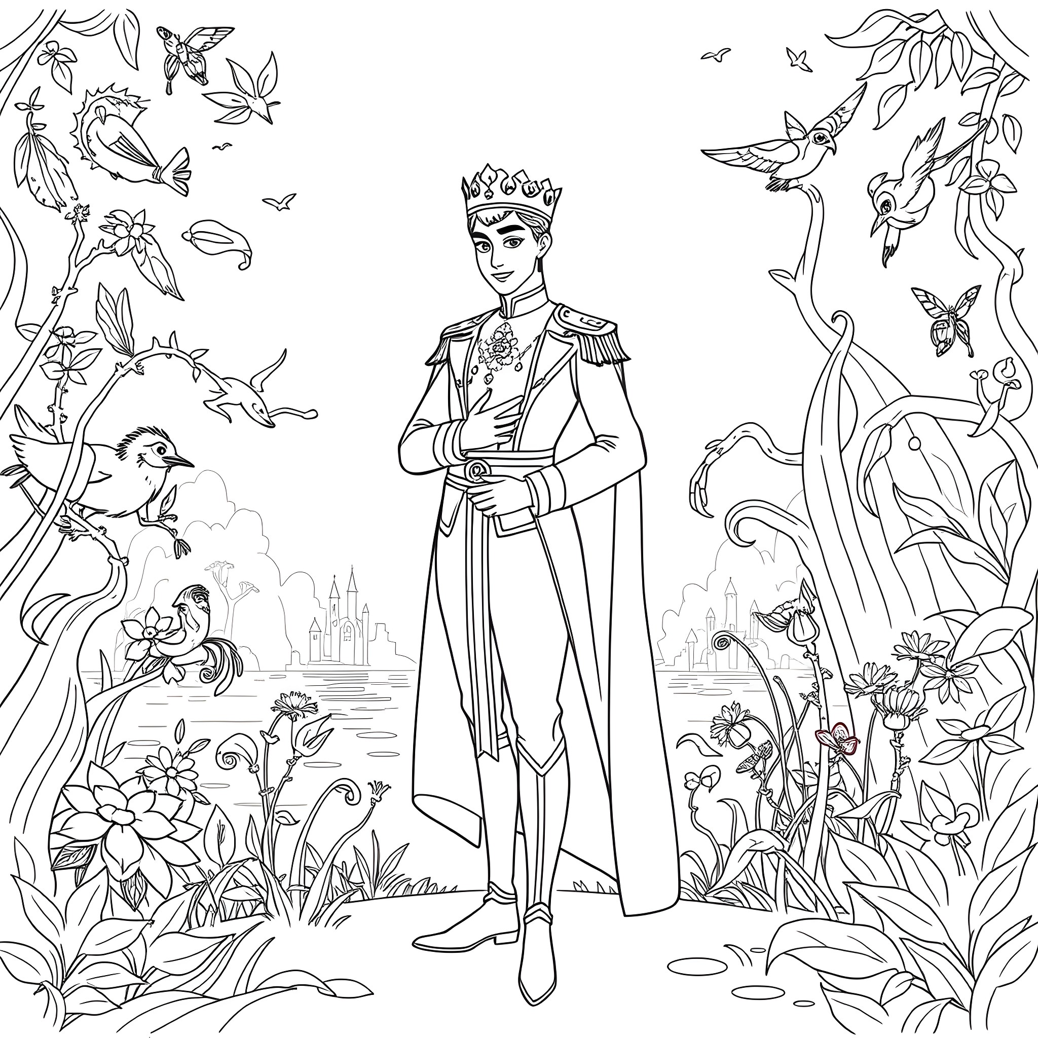 Prince's Enchanted Garden Adventure Coloring Page (free black-and-white line drawing printable PDF for all, from beginners to advanced learners, including children, teens, adults, and seniors)