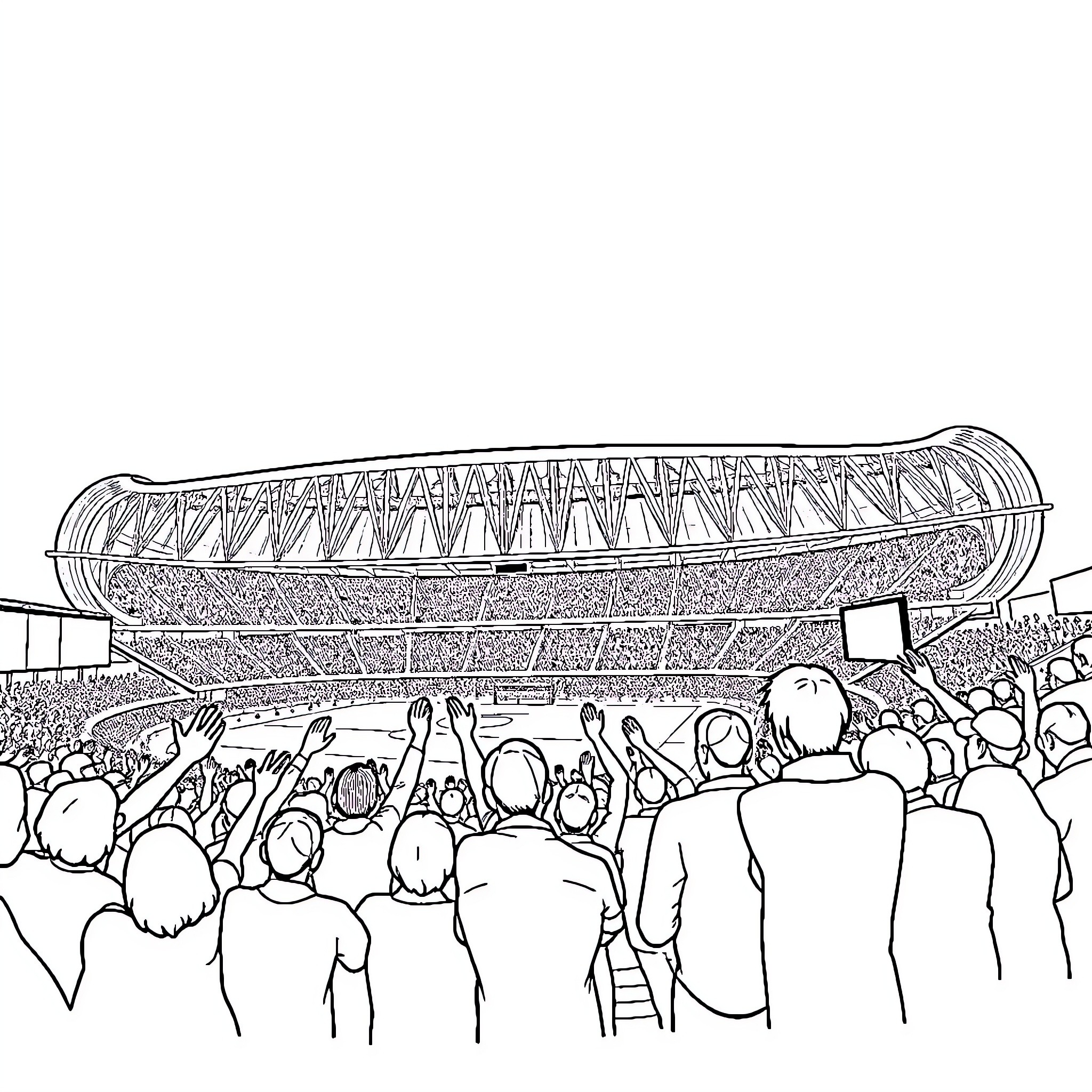 Vélodrome: Spectators Cheering at a Sporting Event Coloring Page (free black-and-white line drawing printable PDF for all, from beginners to advanced learners, including children, teens, adults, and seniors)