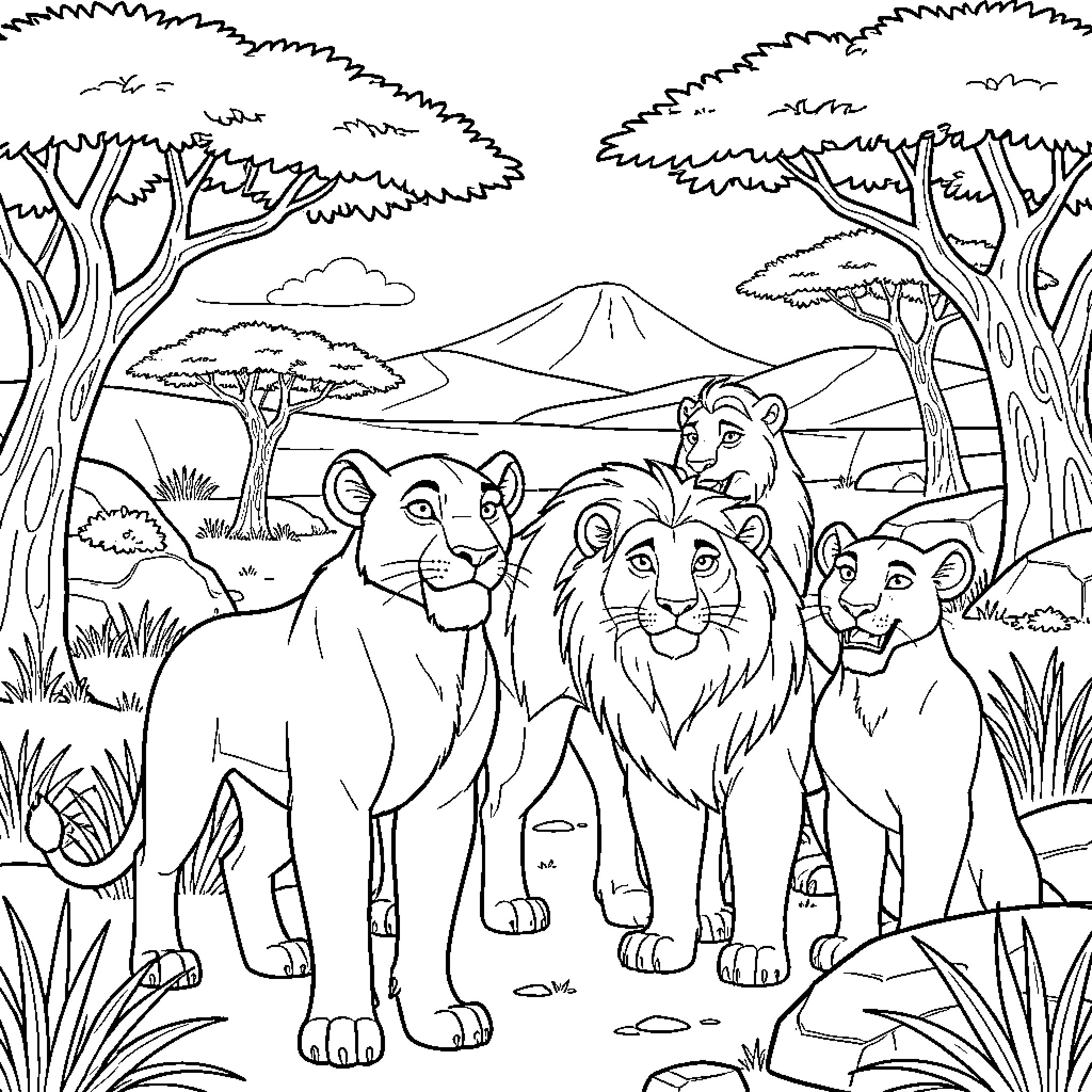 Lion King characters standing together in the savanna Coloring Page (free black-and-white line drawing printable PDF for all, from beginners to advanced learners, including children, teens, adults, and seniors)