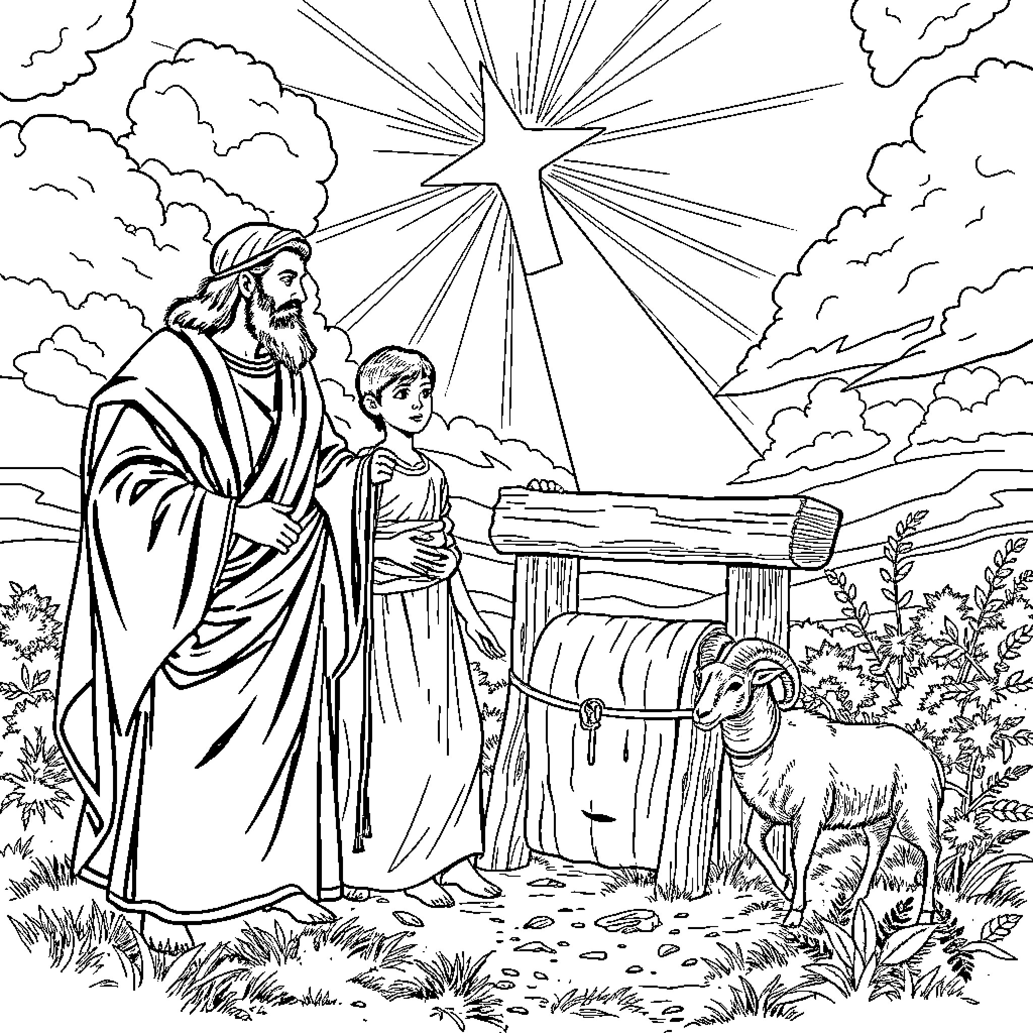 Abraham and his son in a pastoral scene Coloring Page (free black-and-white line drawing printable PDF for all, from beginners to advanced learners, including children, teens, adults, and seniors)