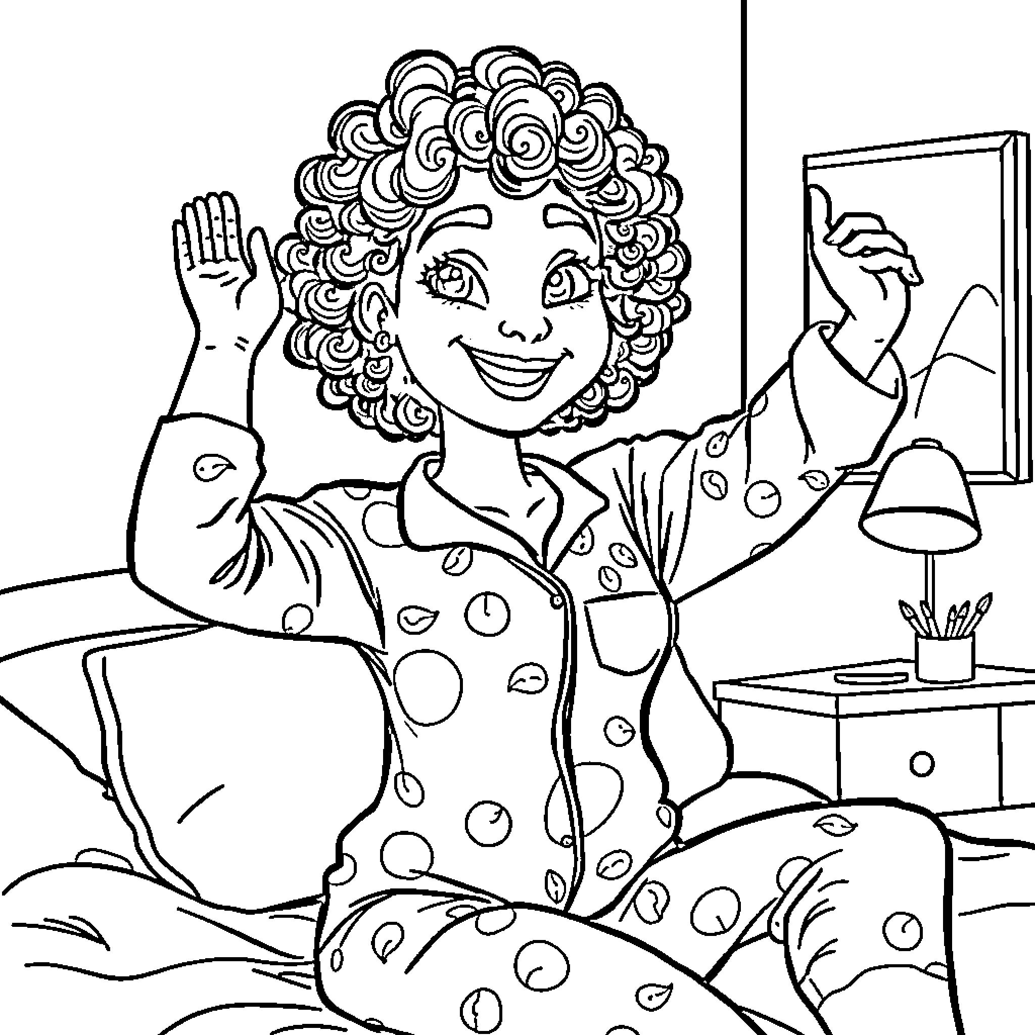 Woman playfully posing for a photograph Coloring Page (free black-and-white line drawing printable PDF for all, from beginners to advanced learners, including children, teens, adults, and seniors)