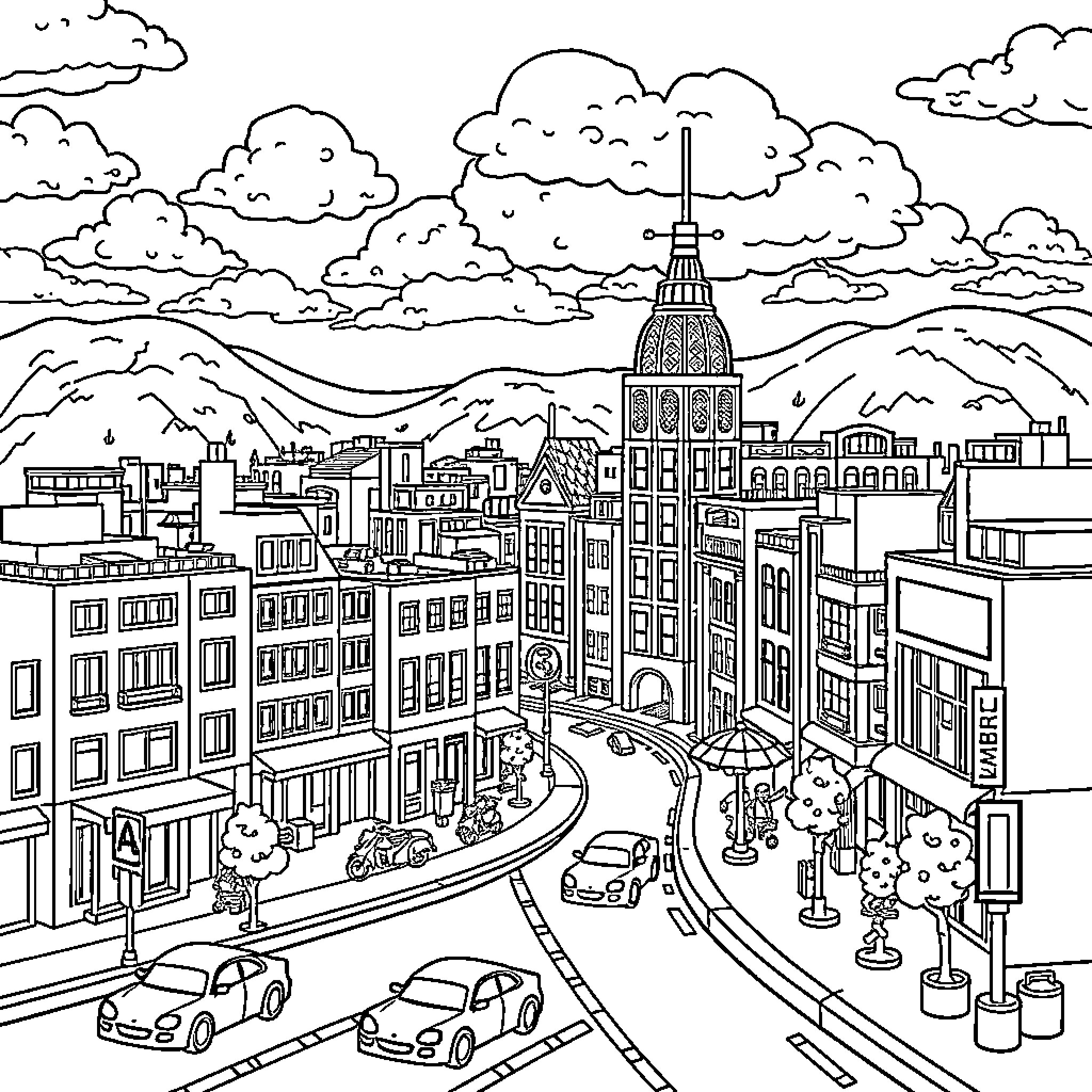 Lego cityscape with bustling streets and towering buildings Coloring Page (free black-and-white line drawing printable PDF for all, from beginners to advanced learners, including children, teens, adults, and seniors)