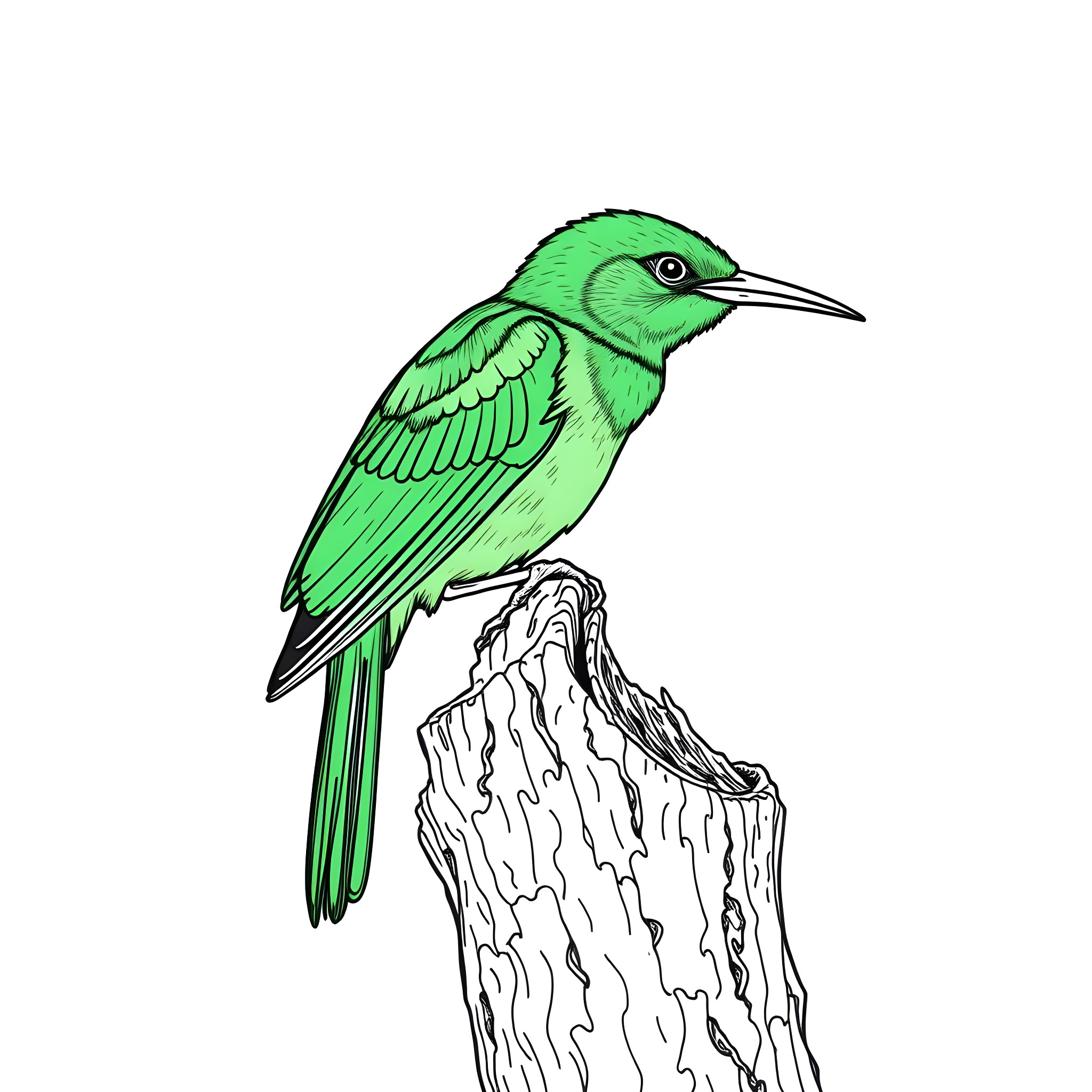 Dacnis bird perched on a wooden stump Coloring Page (free black-and-white line drawing printable PDF for all, from beginners to advanced learners, including children, teens, adults, and seniors)