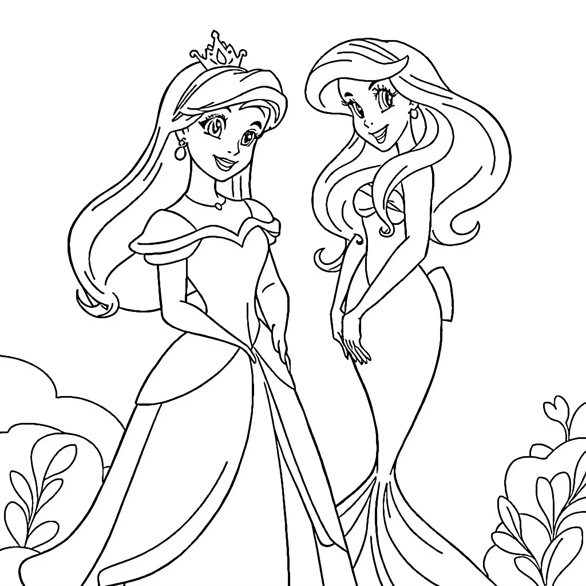 Disney Princess Elegant Gowns and Flowing Hair Coloring Page (free black-and-white line drawing printable PDF for all, from beginners to advanced learners, including children, teens, adults, and seniors)