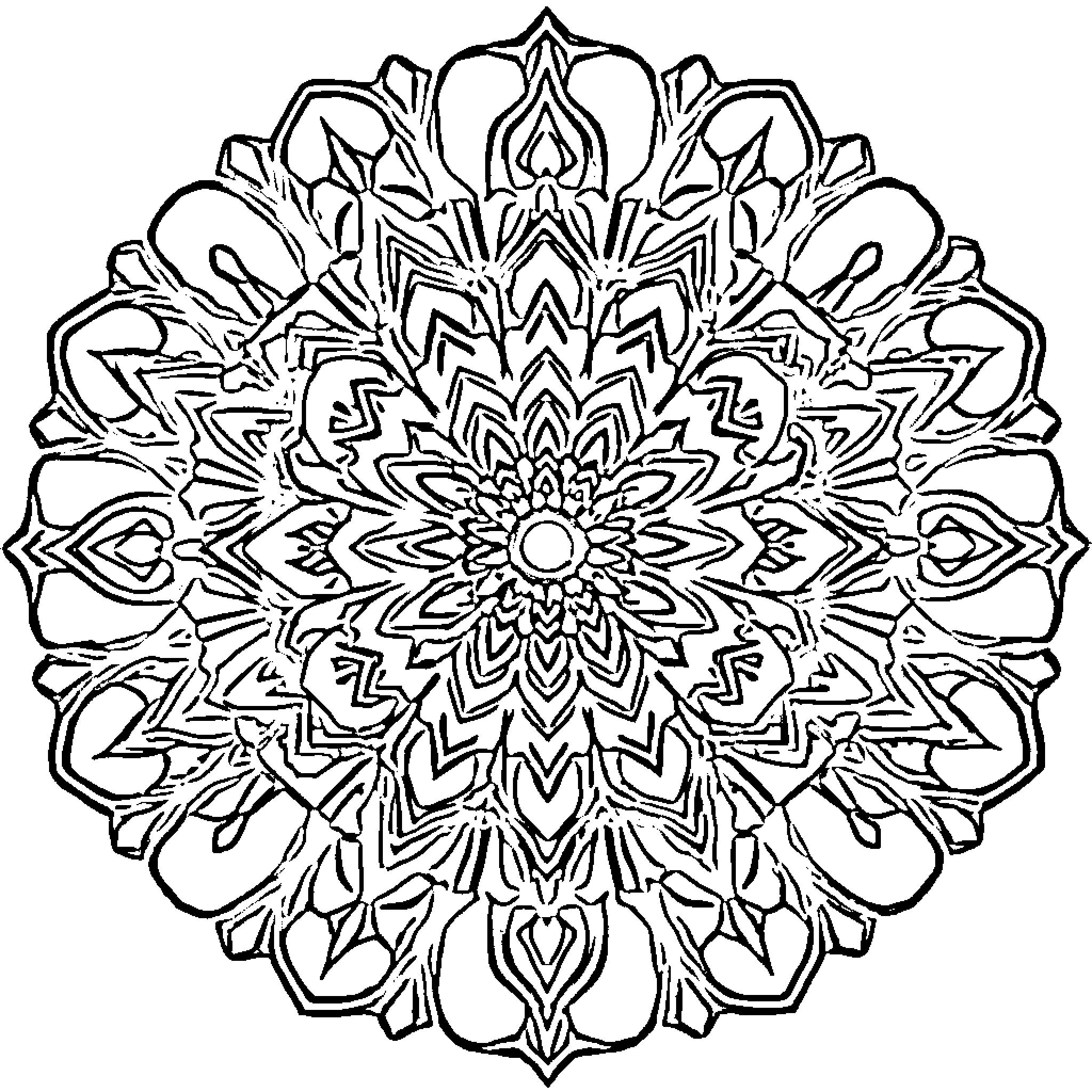 Mandala of intricate geometric patterns Coloring Page (free black-and-white line drawing printable PDF for all, from beginners to advanced learners, including children, teens, adults, and seniors)