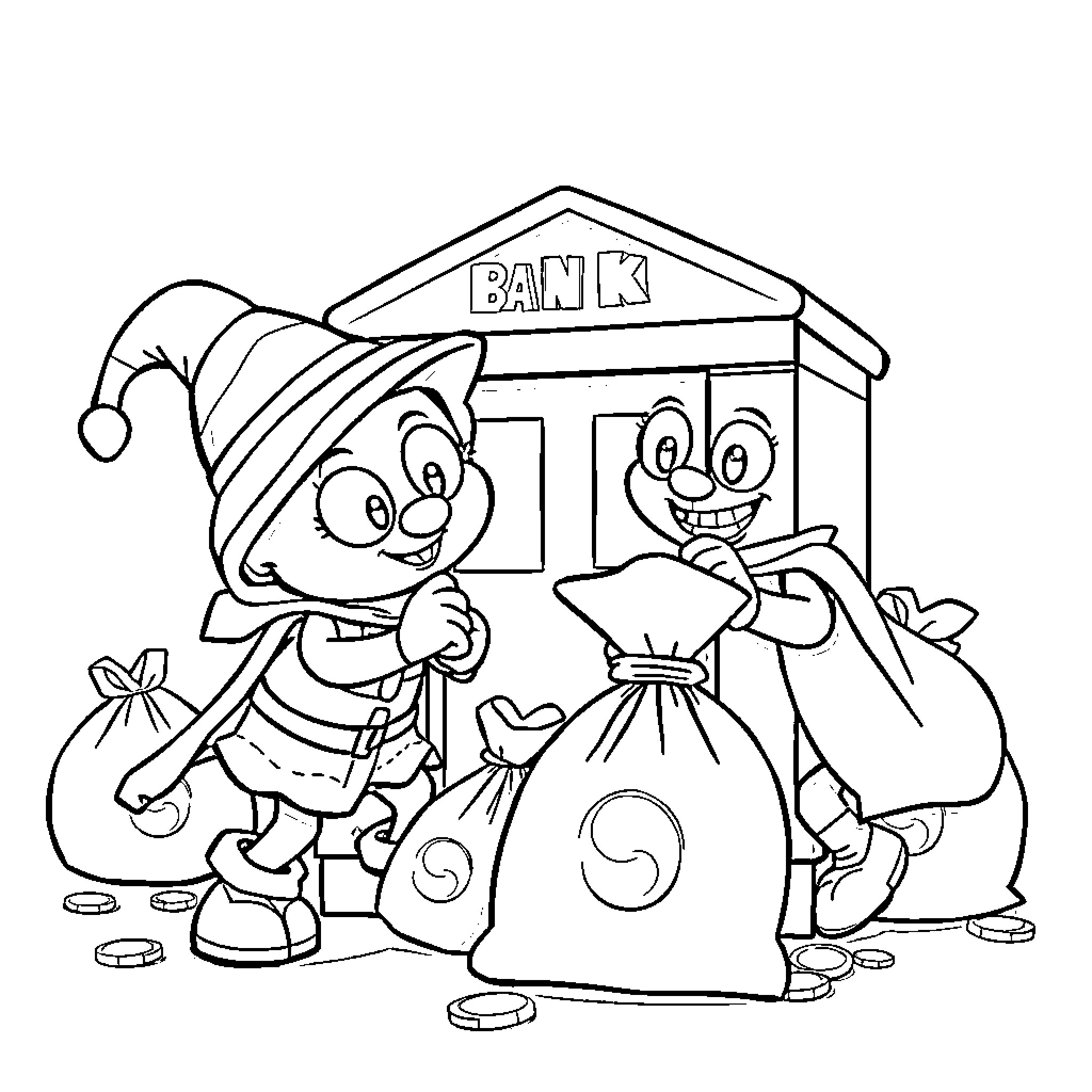 Bluey characters depositing money at the bank Coloring Page (free black-and-white line drawing printable PDF for all, from beginners to advanced learners, including children, teens, adults, and seniors)