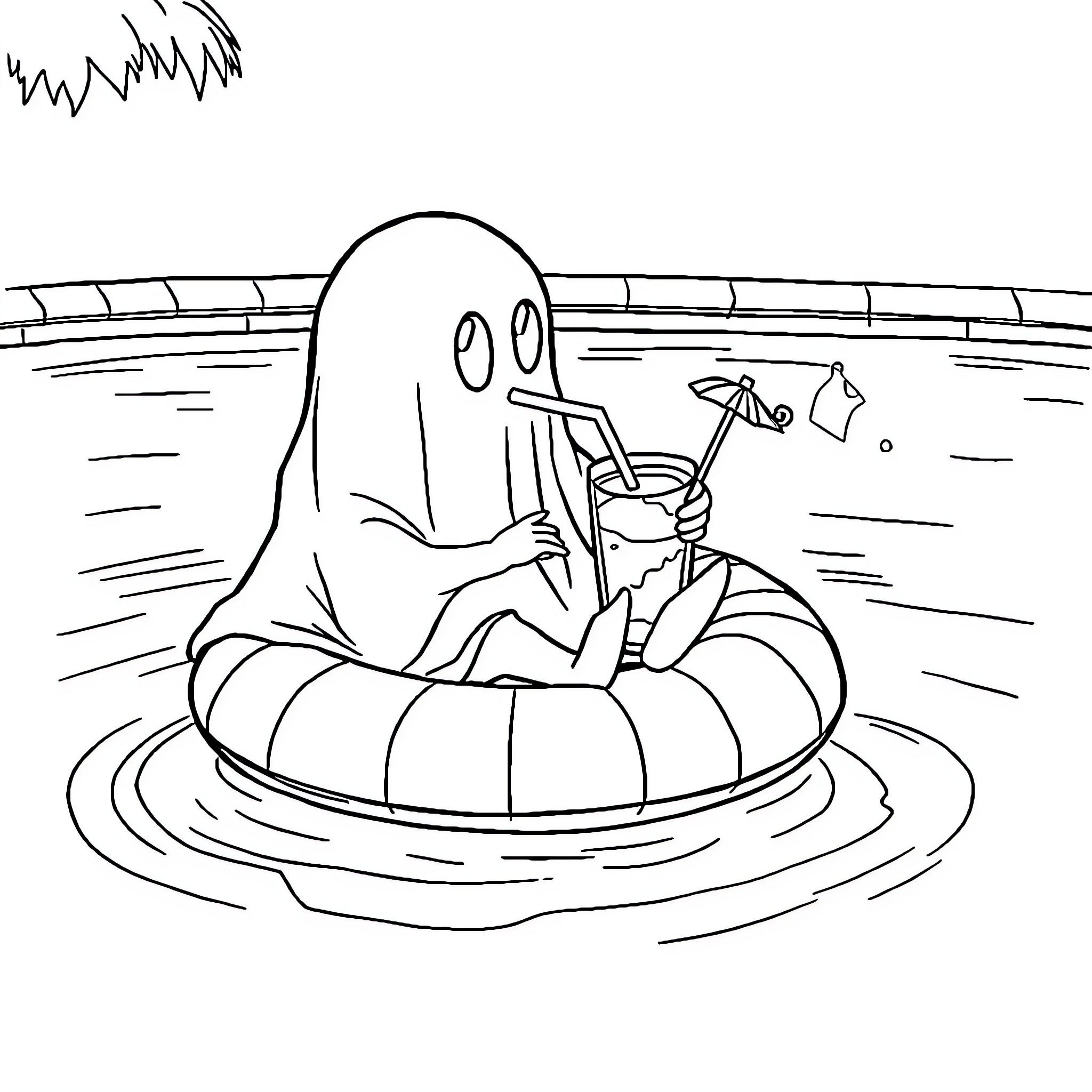 Ghost relaxing in inner tube with drink Coloring Page (free black-and-white line drawing printable PDF for all, from beginners to advanced learners, including children, teens, adults, and seniors)