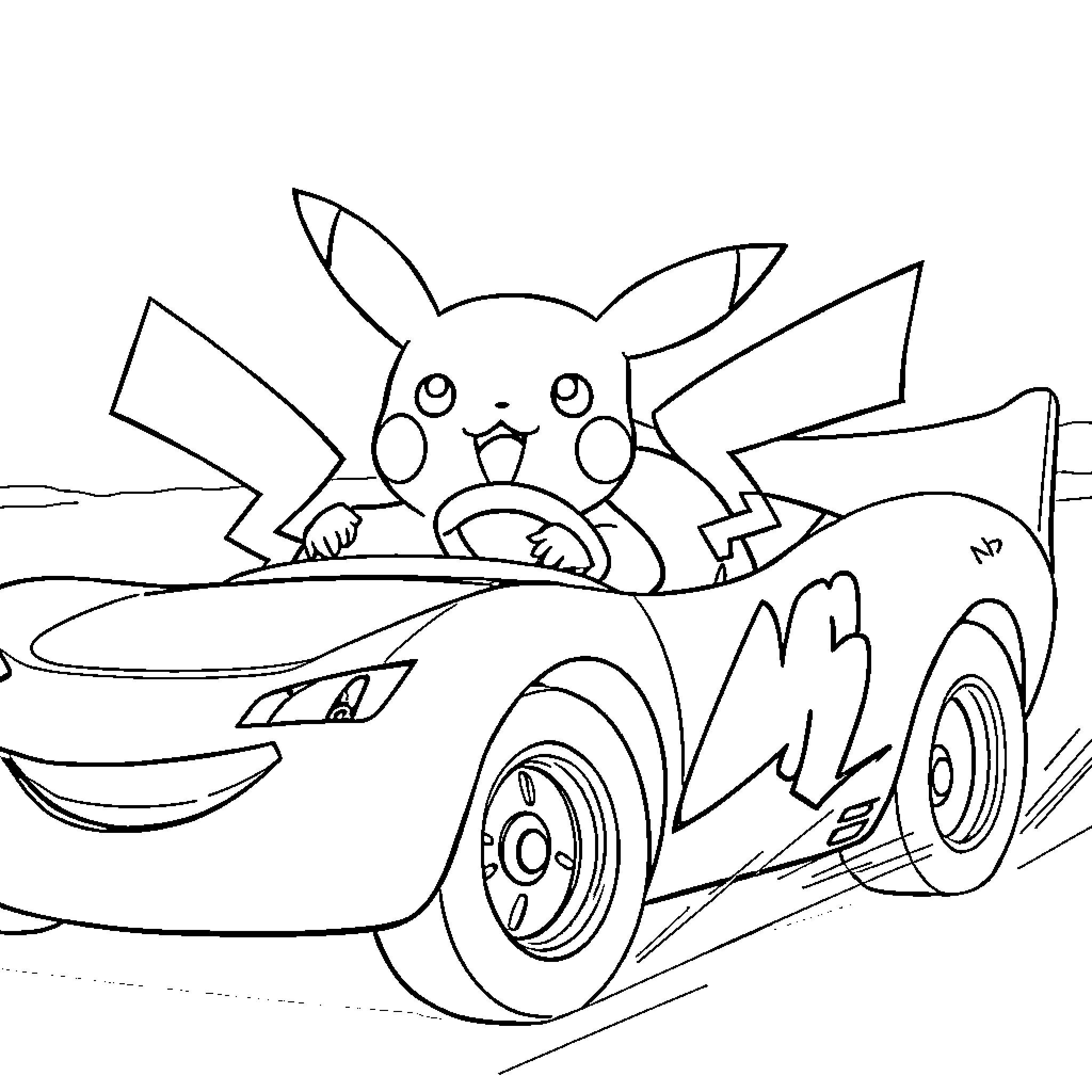 Pikachu riding a sports car cheerfully Coloring Page (free black-and-white line drawing printable PDF for all, from beginners to advanced learners, including children, teens, adults, and seniors)