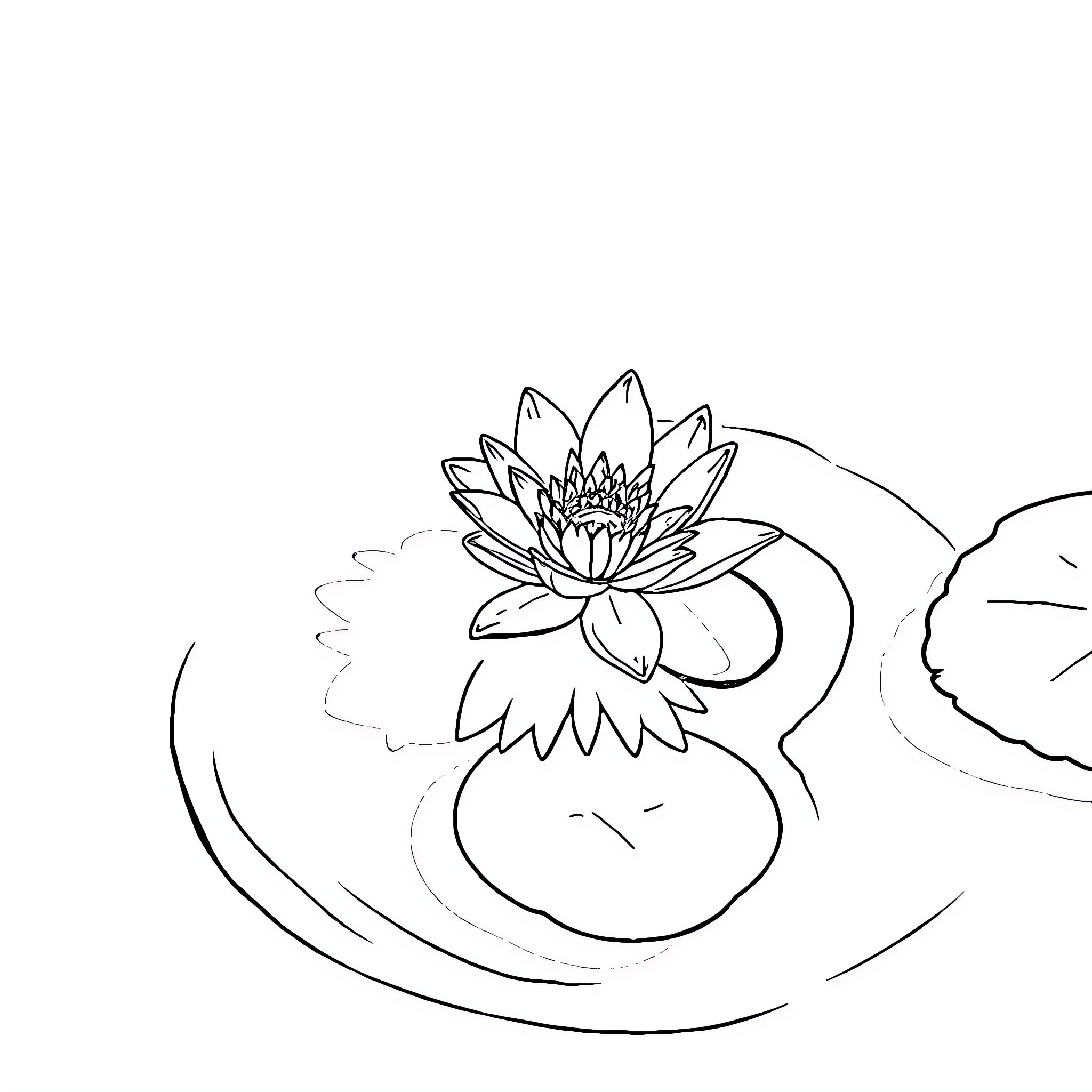 Flower floating serenely on pond Coloring Page (free black-and-white line drawing printable PDF for all, from beginners to advanced learners, including children, teens, adults, and seniors)