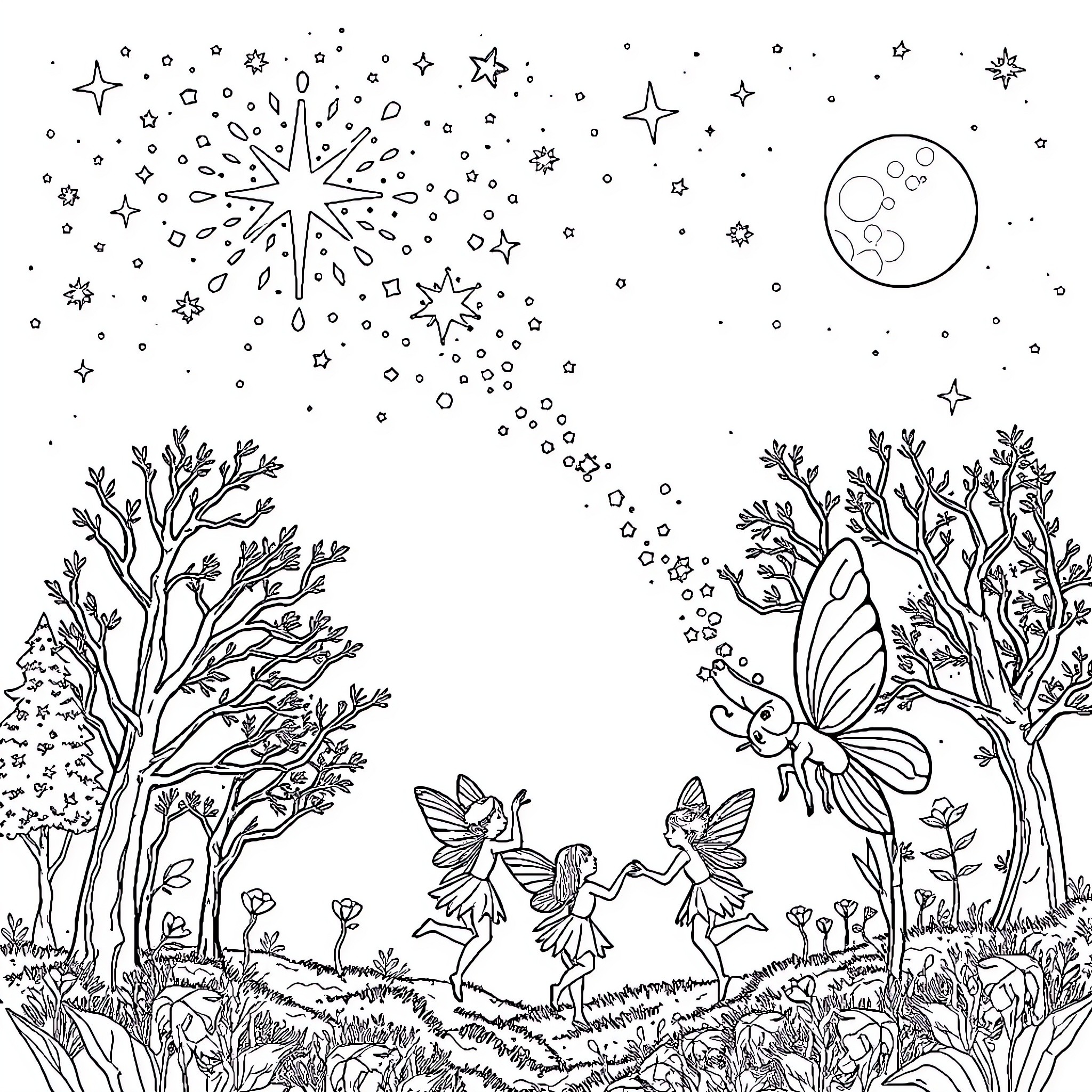 Fairy Forest with Magical Creatures Coloring Page (free black-and-white line drawing printable PDF for all, from beginners to advanced learners, including children, teens, adults, and seniors)