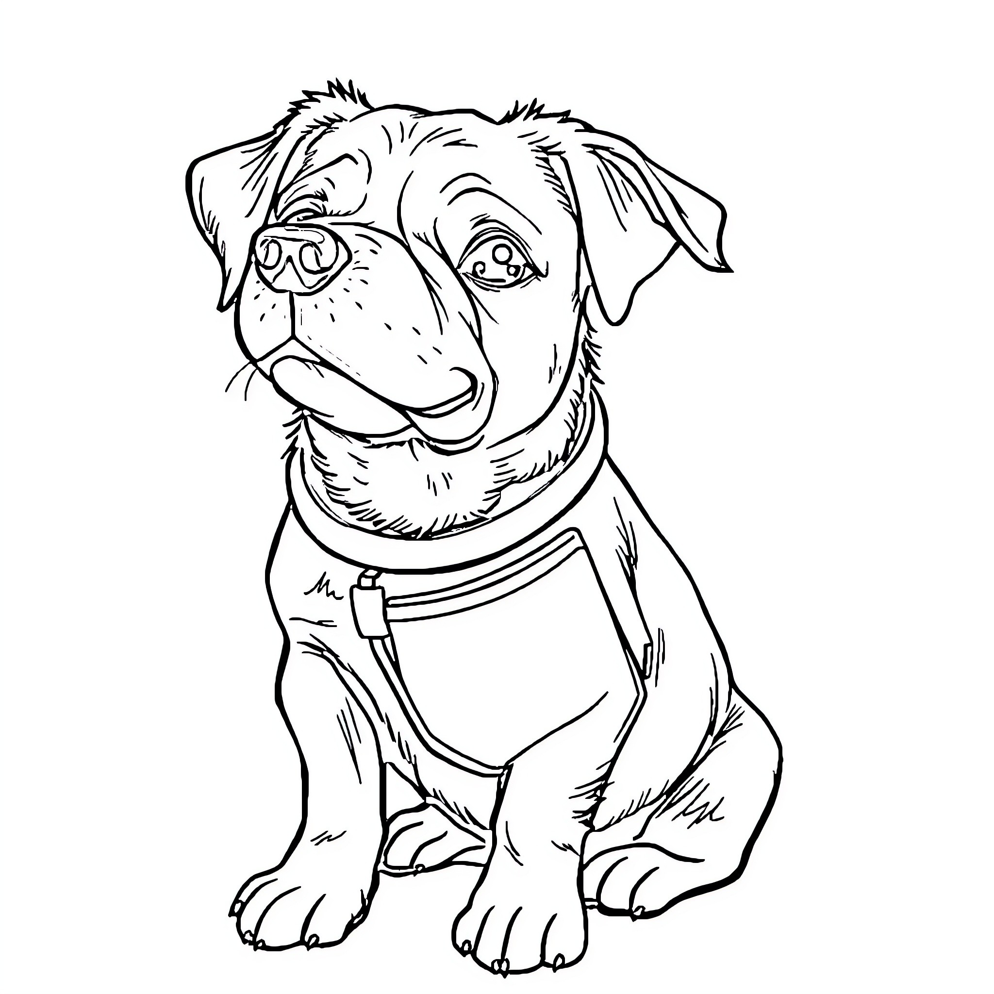 Dog wearing a collar sitting happily Coloring Page (free black-and-white line drawing printable PDF for all, from beginners to advanced learners, including children, teens, adults, and seniors)