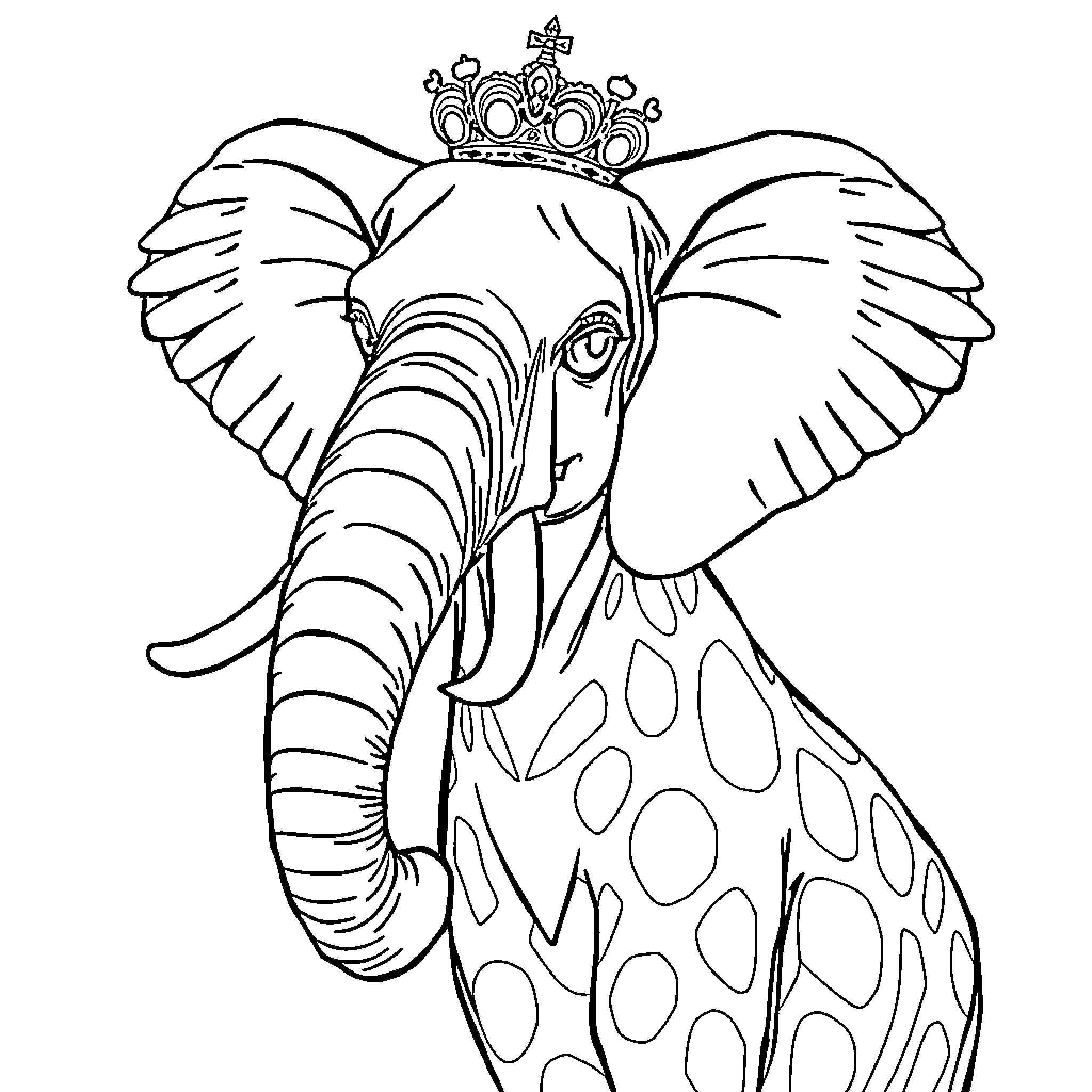 Animal with regal crown and spotted pattern Coloring Page (free black-and-white line drawing printable PDF for all, from beginners to advanced learners, including children, teens, adults, and seniors)