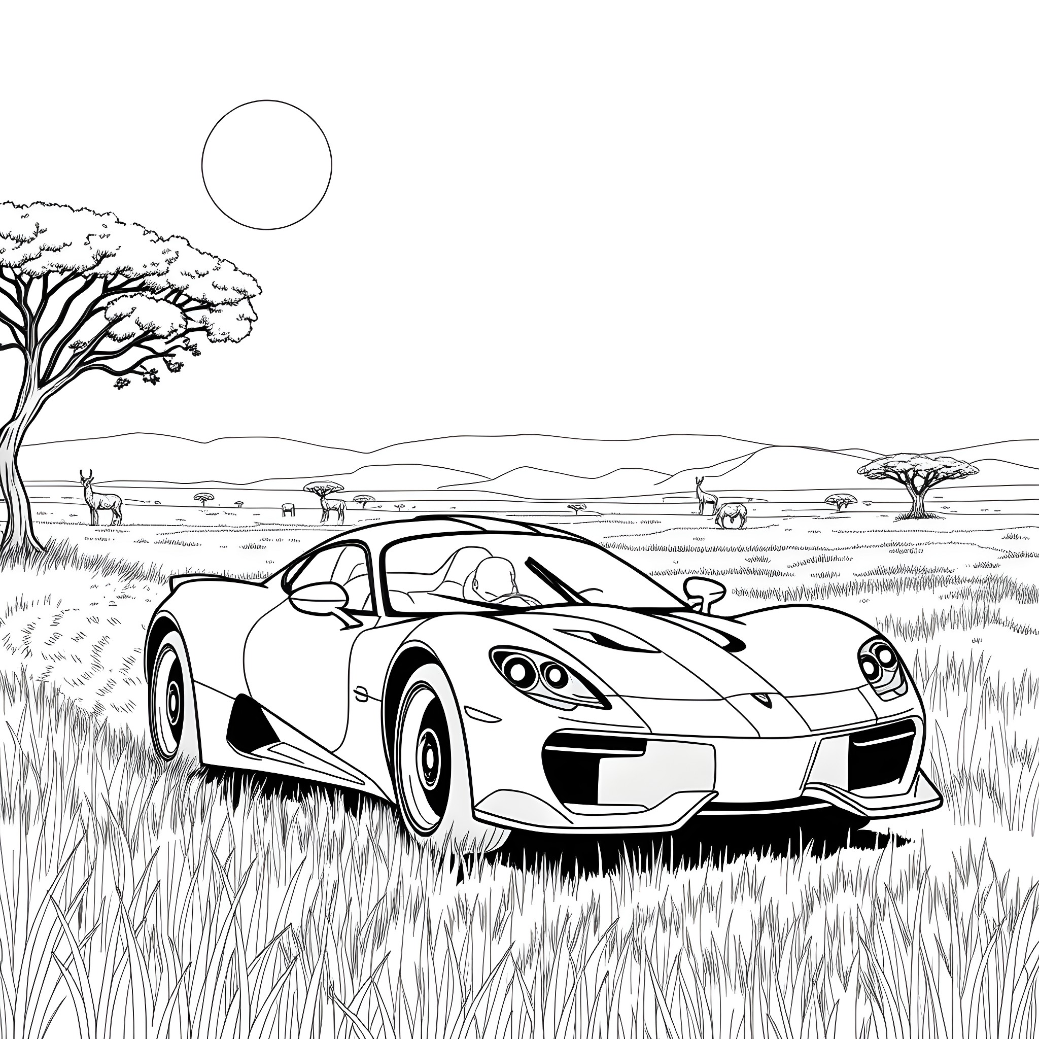 Racing Car speeding through African savanna Coloring Page (free black-and-white line drawing printable PDF for all, from beginners to advanced learners, including children, teens, adults, and seniors)