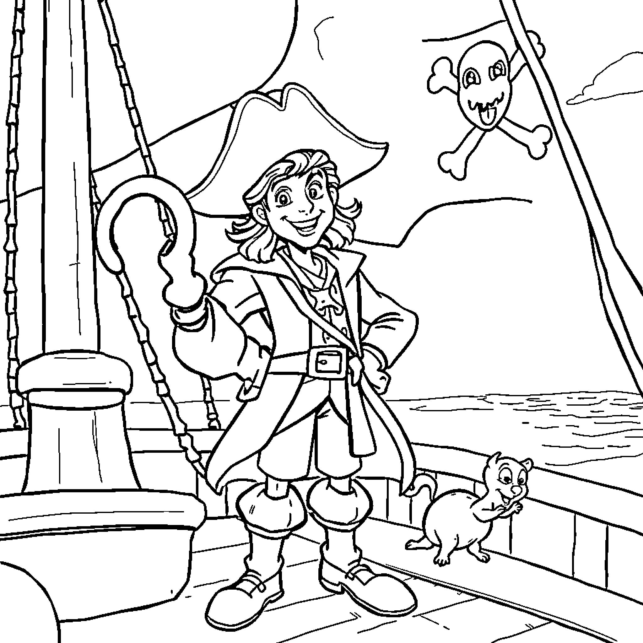 Captain Hook's Pirate Adventure on the High Seas Coloring Page (free black-and-white line drawing printable PDF for all, from beginners to advanced learners, including children, teens, adults, and seniors)