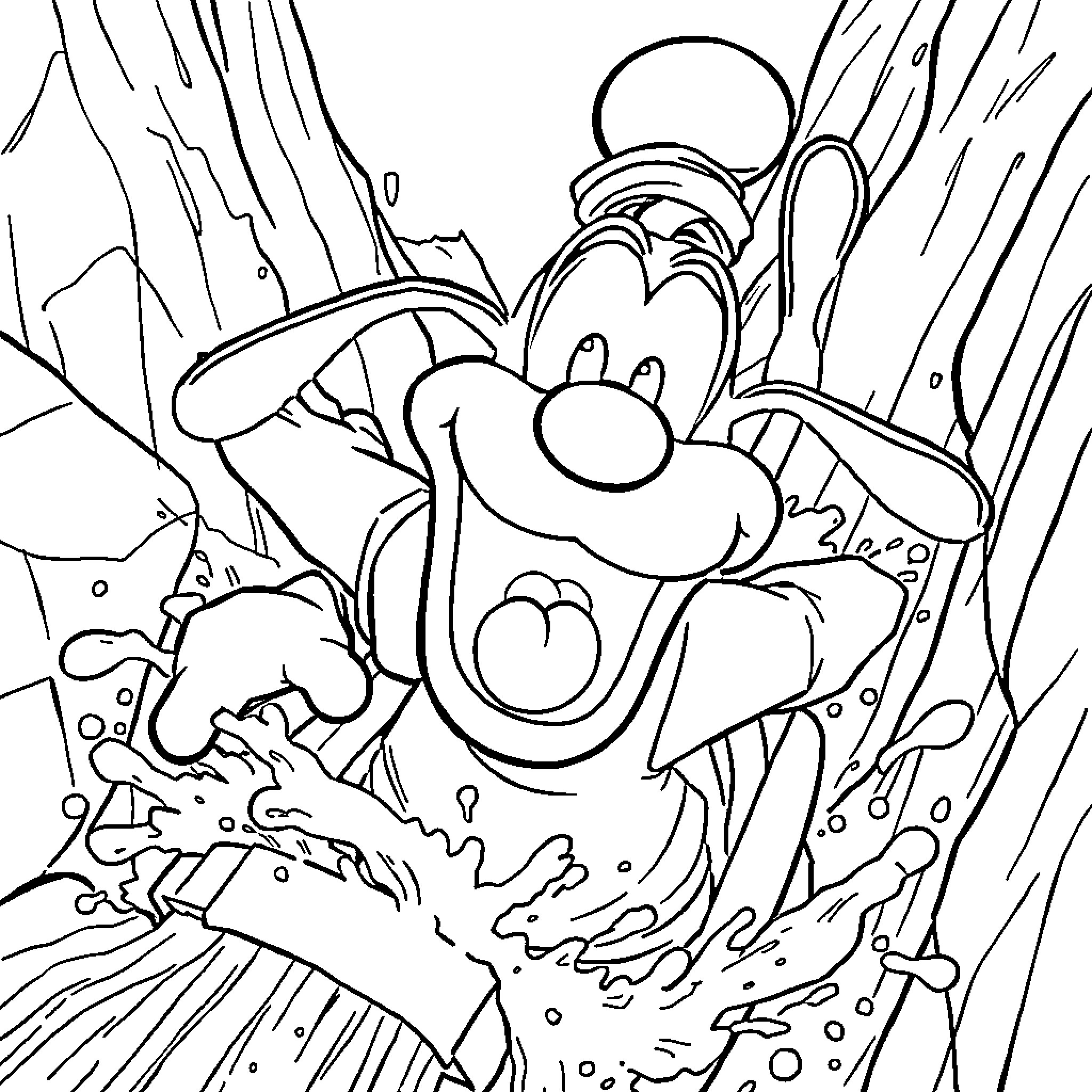 Goofy clown falling into a chaotic waterfall scene Coloring Page (free black-and-white line drawing printable PDF for all, from beginners to advanced learners, including children, teens, adults, and seniors)