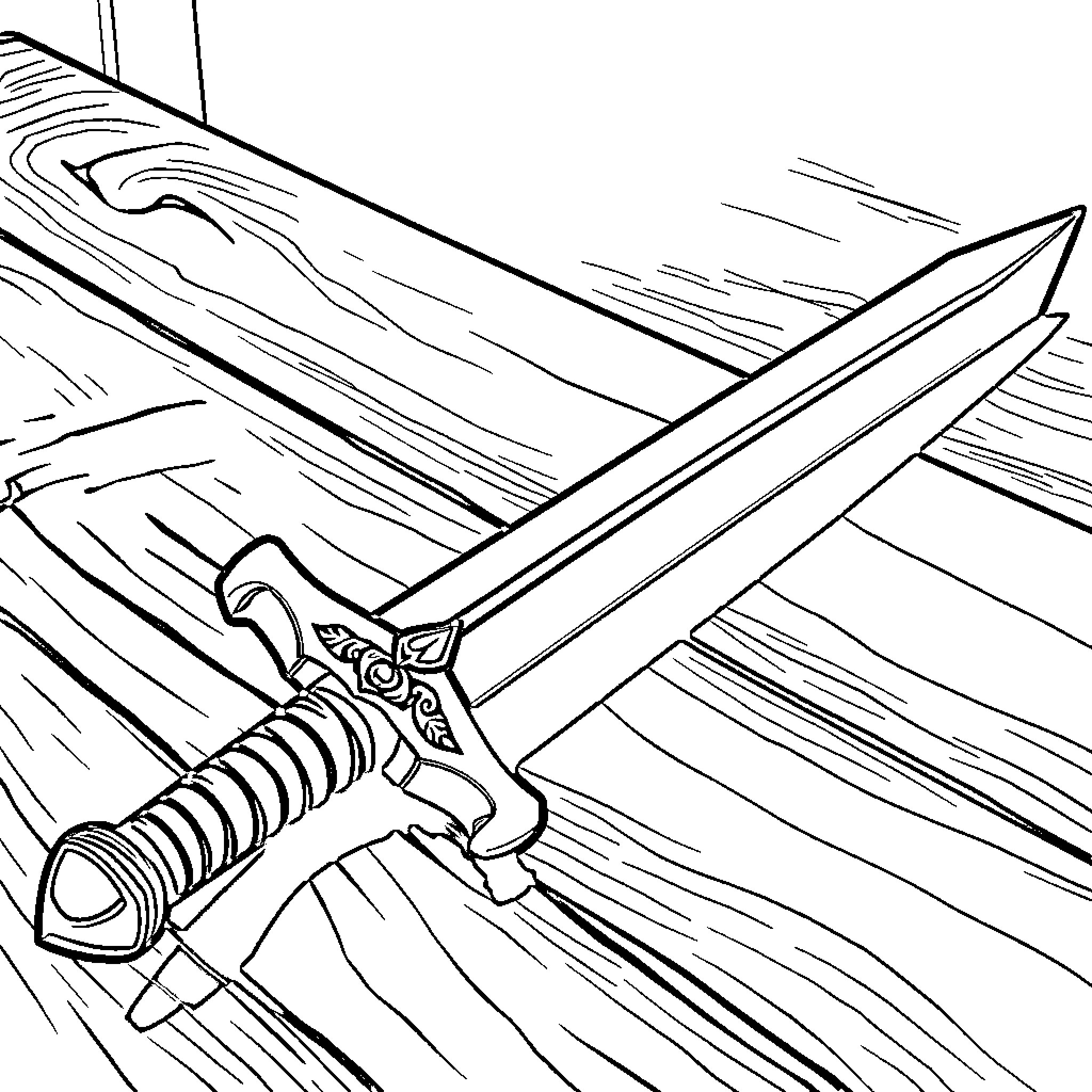 Sword drawn in dramatic scene Coloring Page (free black-and-white line drawing printable PDF for all, from beginners to advanced learners, including children, teens, adults, and seniors)