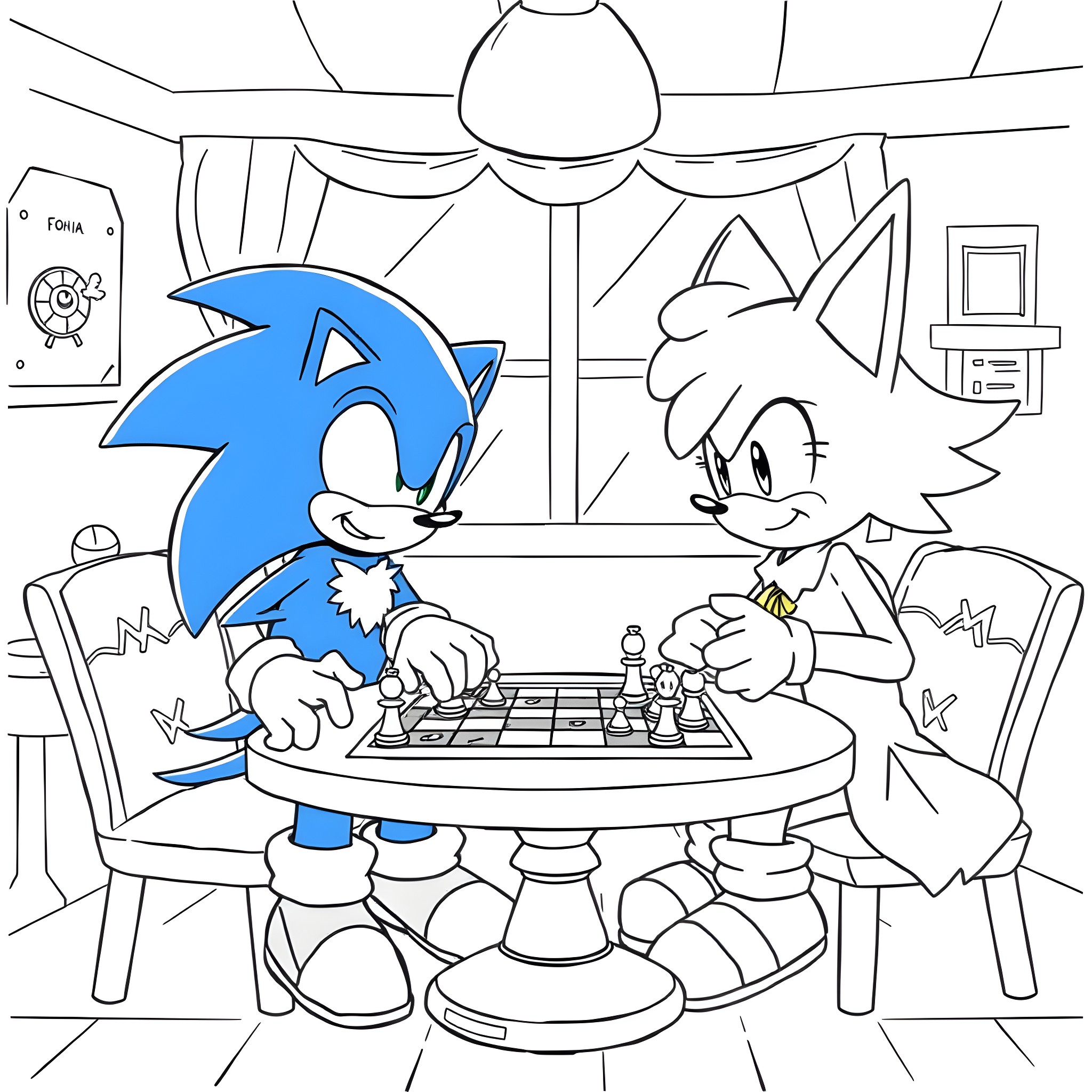 Klonoa playing chess with a friend Coloring Page (free black-and-white line drawing printable PDF for all, from beginners to advanced learners, including children, teens, adults, and seniors)