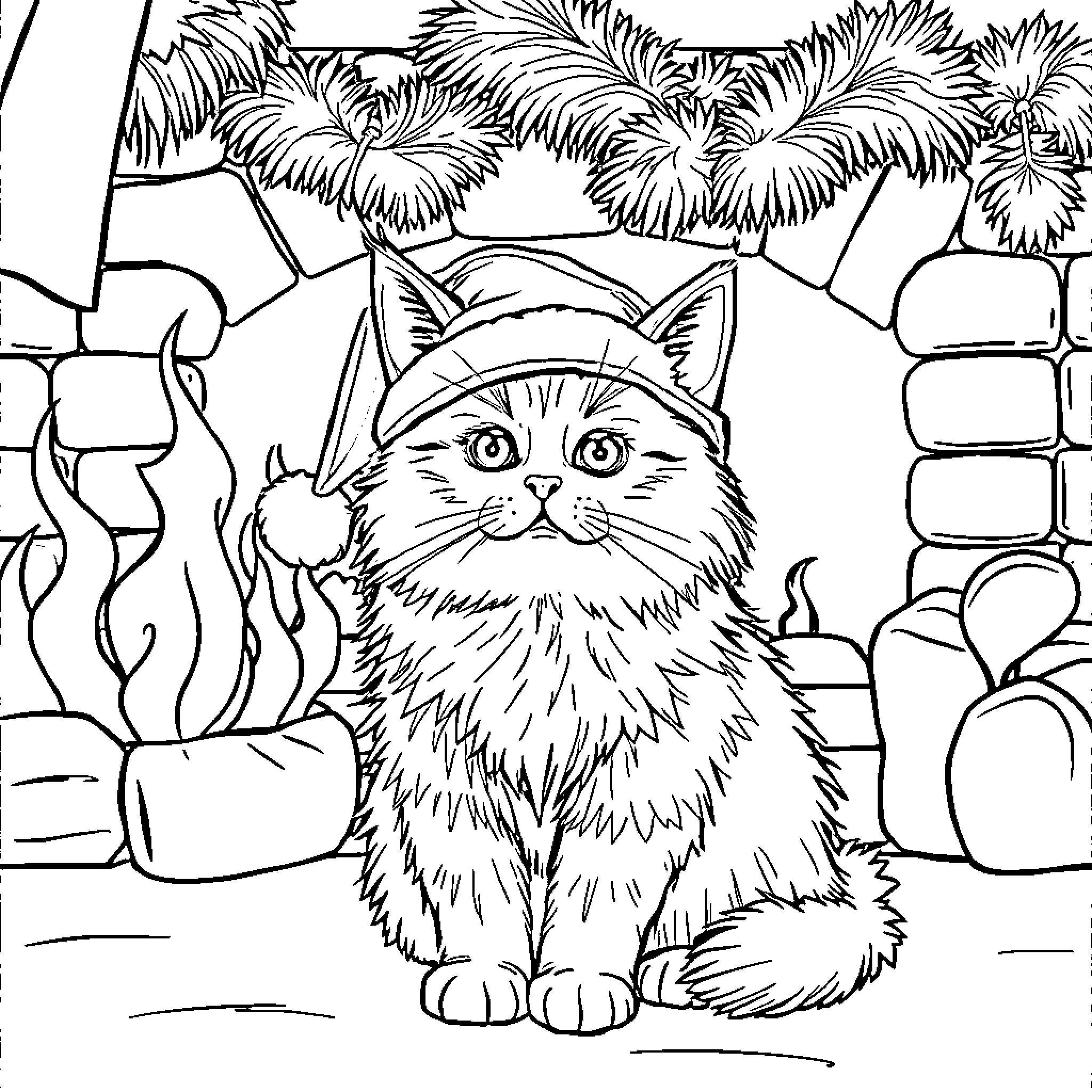 Cat sitting in a tropical environment Coloring Page (free black-and-white line drawing printable PDF for all, from beginners to advanced learners, including children, teens, adults, and seniors)
