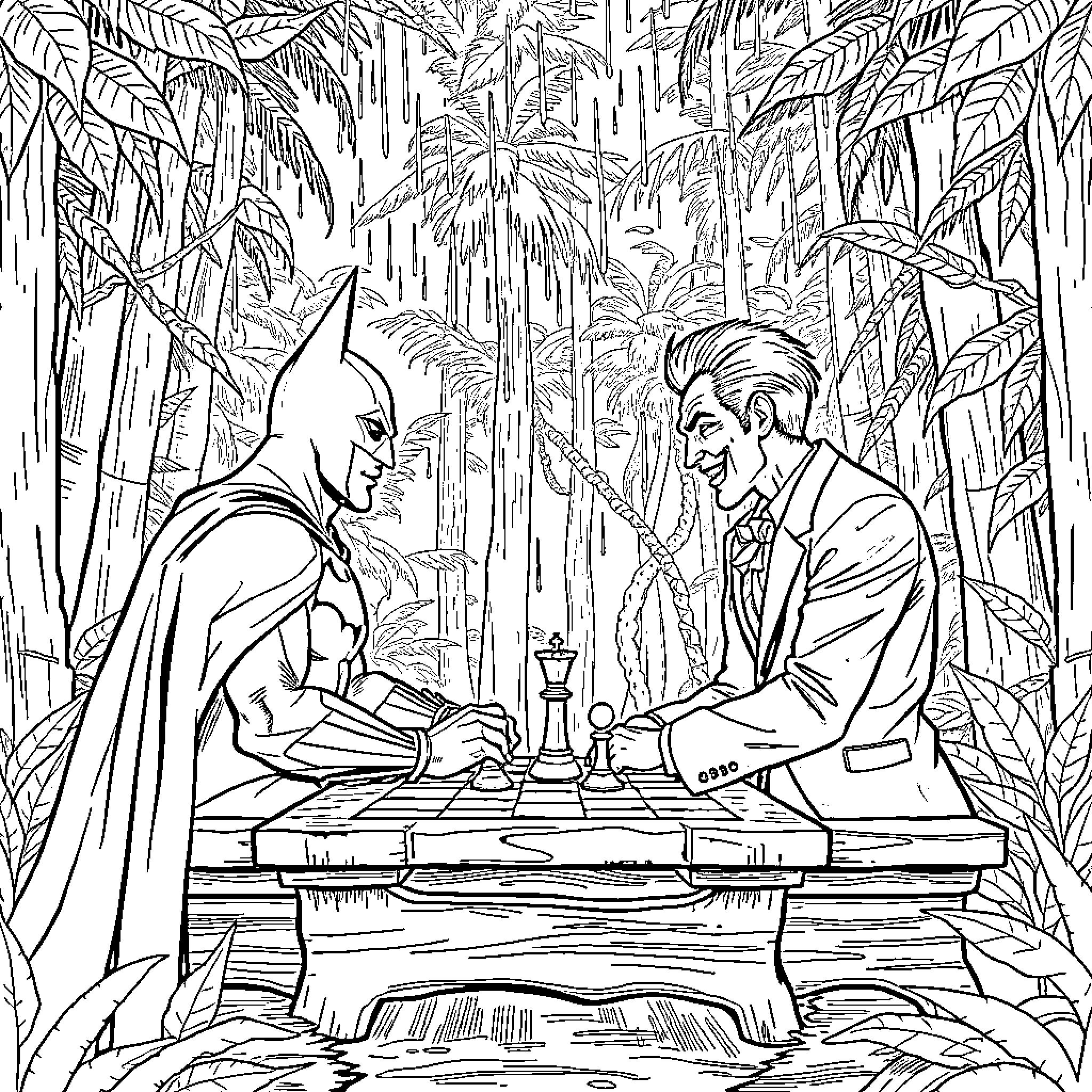 Batman contemplating a game of chess with a companion in a lush jungle environment Coloring Page (free black-and-white line drawing printable PDF for all, from beginners to advanced learners, including children, teens, adults, and seniors)
